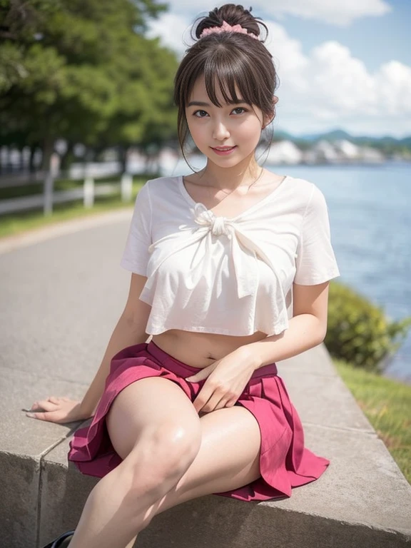 the Extremely Detailed CG Unity 8K Wallpapers、top-quality、ultra-detailliert、​masterpiece、realisitic、Photo Real、extremely detailed cute girl、20yr old、(skirt rift)、(skirt lift by yourself))、white  panties、panties focus、red blush、cparted lips、looking at the viewers、Half body shot、Wearing an off-the-shoulder shirt、(Large crowds)、(Crowded parks)、shorth hair,Sweet smile