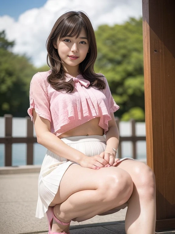 Arms and hands are hidden behind the legs