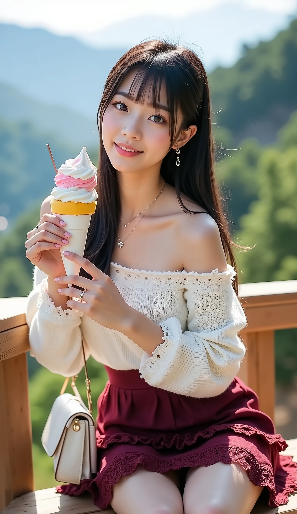 ((full body shot:1.5))、(petite young Japanese woman touring mountain tourist spots)、Small resting place on the mountain、(eating soft serve ice cream:1.35)、((dating))、noon、Smiling、((white off-shoulder knitted sweater with lace frills))、(burgundy lace ruffled flared mini skirt)、beautiful thick thighs、white frilly socks、wine-red pumps、Small white shoulder bag、simple necklace、Simple Ring、simple earrings、white skin、BEAUTIFUL BLACK HAIR、straight long hair、light makeup、(dynamic pose:1.4)、(Beautiful huge breasts)、Accurate depiction of hands and feet、RAW pictures、16K、Reality、professional photography techniques、Ultra High Definition、16K、Real Photo
