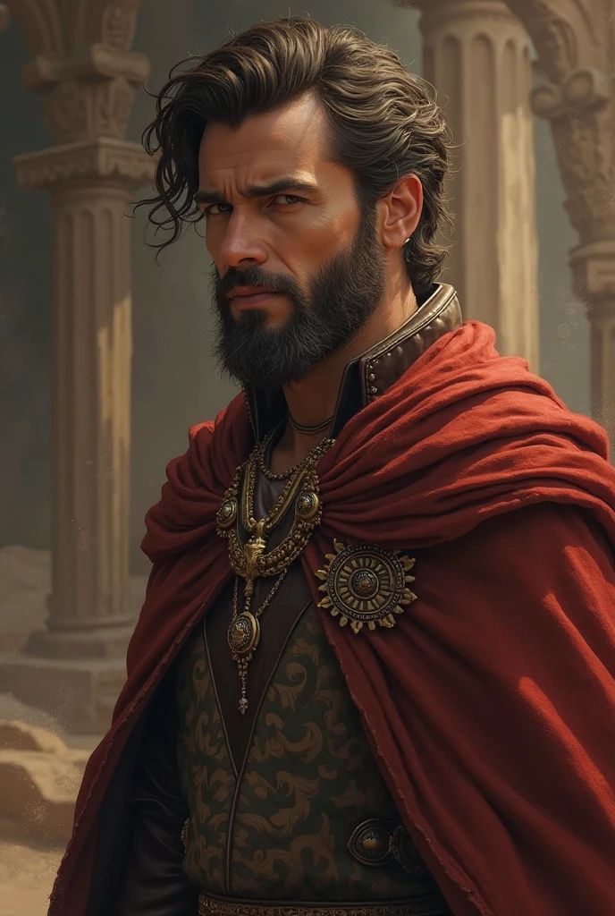 (masterpiece, best quality, high quality, highres, ultra-detailed), <lyco:GoodHands-beta2:1>, <lora:OilPaint:0.67>, style by nty, colorful, dark, necklace, adult man, portrait, beard, short hair, pecs, cloak, ((abstract background)), (right side view:1.1), dynamic dim lighting,