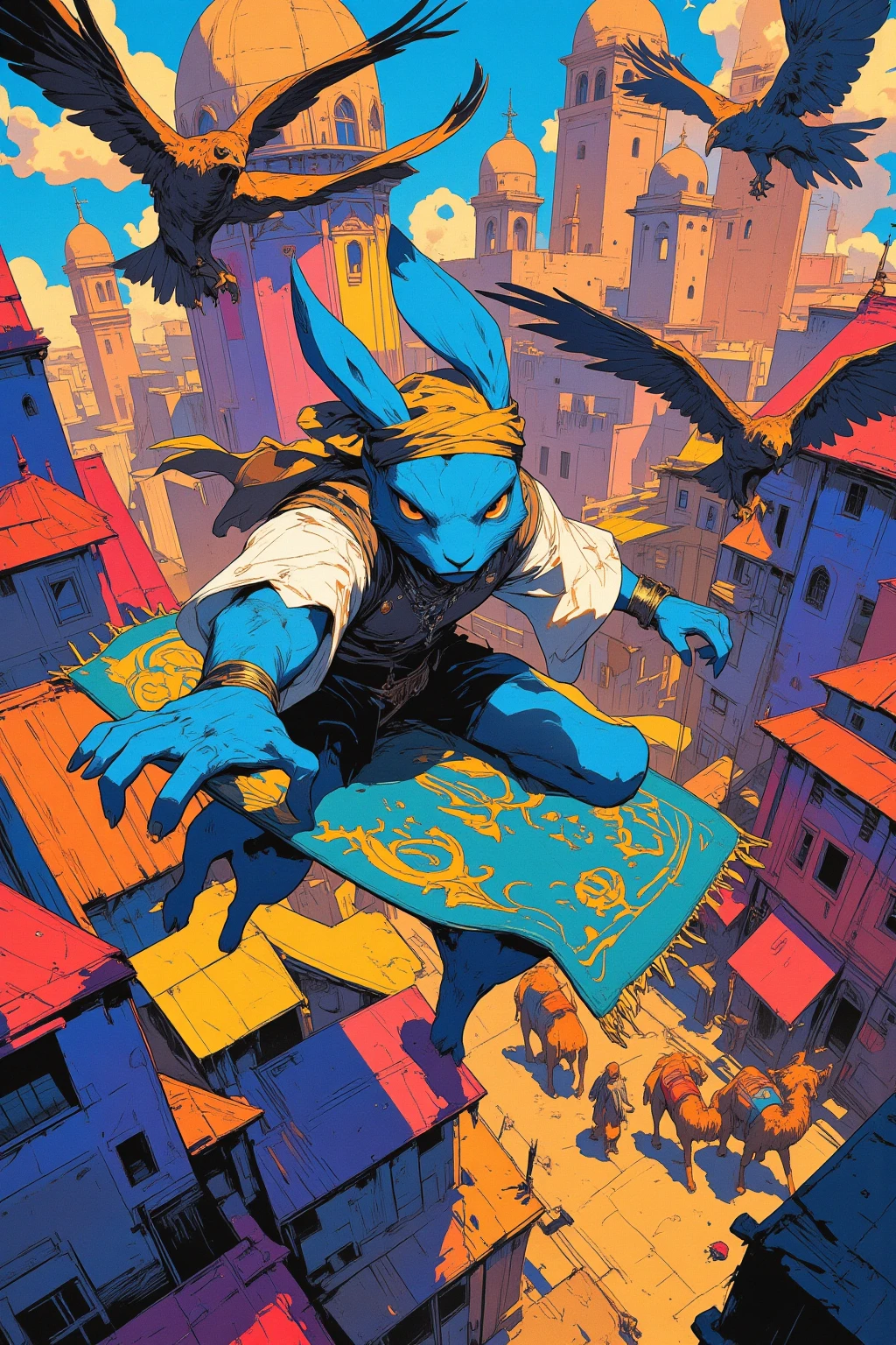  A Bipedal Blue Rabbit Rides on a Big Magical Carpet ,  Rabbit flying at high altitude,Turban Wrap Rabbit  , Bejeweled Vest  ,  Aladdin's Town Agraver  , Ultra Detailed Paintings Inspired by Anime Characters ,animation cel,animation celの詳細,Colored line art,  Medieval Arabian Civilization  ,Dome Roofs  ,Minaret ,  Merchant's Tent  , Dan DeCarlo and Don Bruce Mixed Art,vivid cartoon art,Arabian Nights, full color illustration ,  Circling Eagle  ,Camel,  Ultra Detailed and Fantastic Art  ,