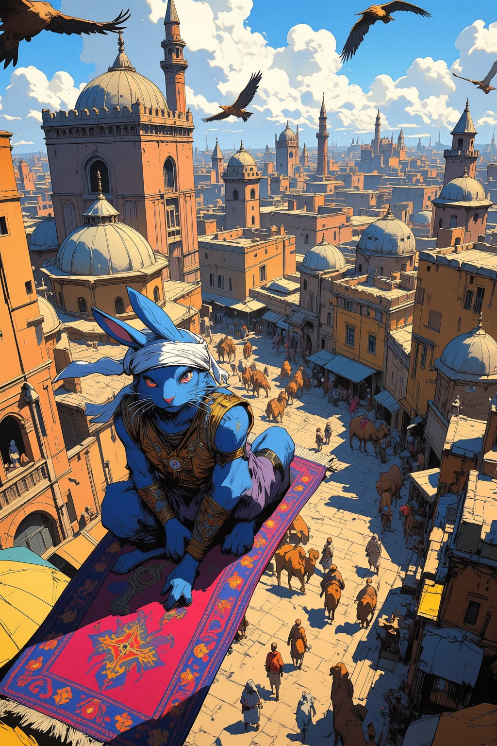  A Bipedal Blue Rabbit Rides on a Big Magical Carpet ,  Rabbit flying at high altitude,Turban Wrap Rabbit  , Bejeweled Vest  ,  Aladdin's Town Agraver  , Ultra Detailed Paintings Inspired by Anime Characters ,animation cel,animation celの詳細,Colored line art,  Medieval Arabian Civilization  ,Dome Roofs  ,Minaret ,  Merchant's Tent  , Dan DeCarlo and Don Bruce Mixed Art,vivid cartoon art,Arabian Nights, full color illustration ,  Circling Eagle  ,Camel,  Ultra Detailed and Fantastic Art  ,