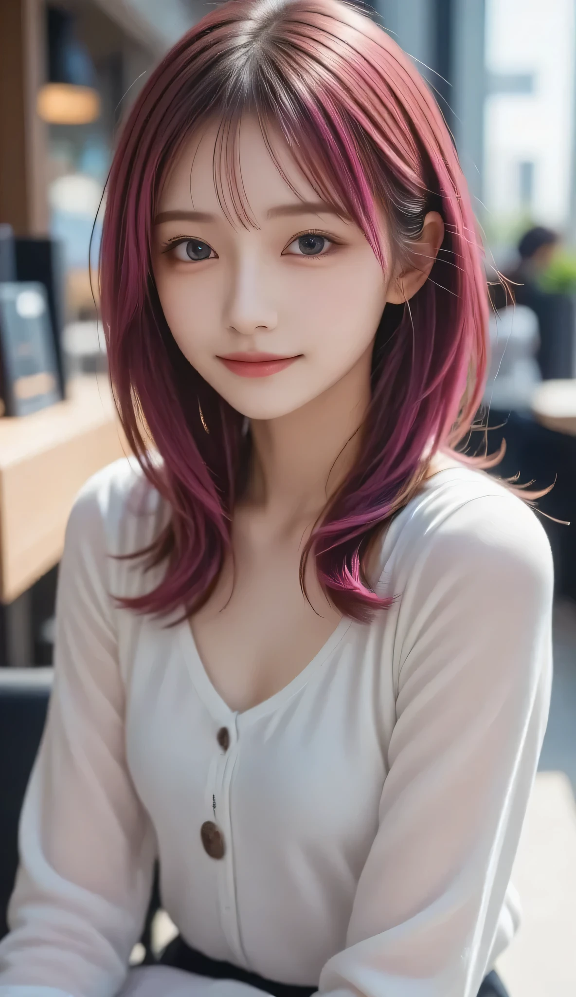 Future Girl, PURPLE EYES, space, pink hair, long hair, Futuristic Coffee Shop, relaxed 1 girl, attention to beautiful detail , detailed faces with ofisu , cute,