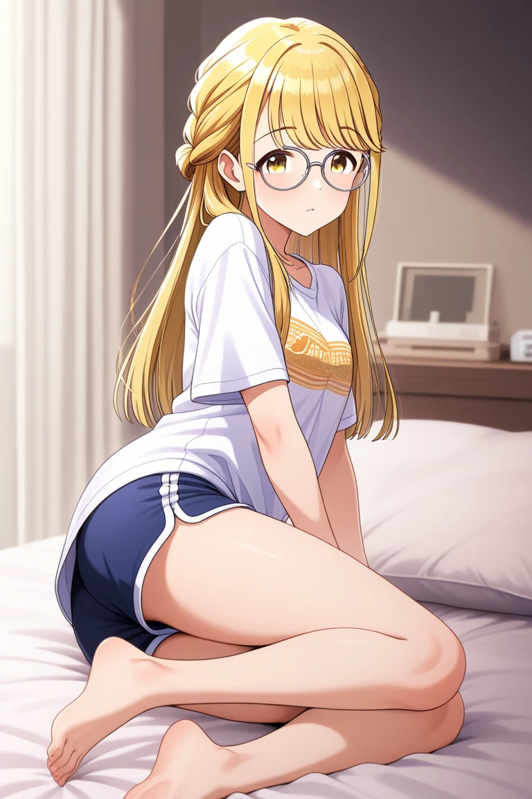 Blonde medium-length glasses wife、Purple super obscene ripped underwear