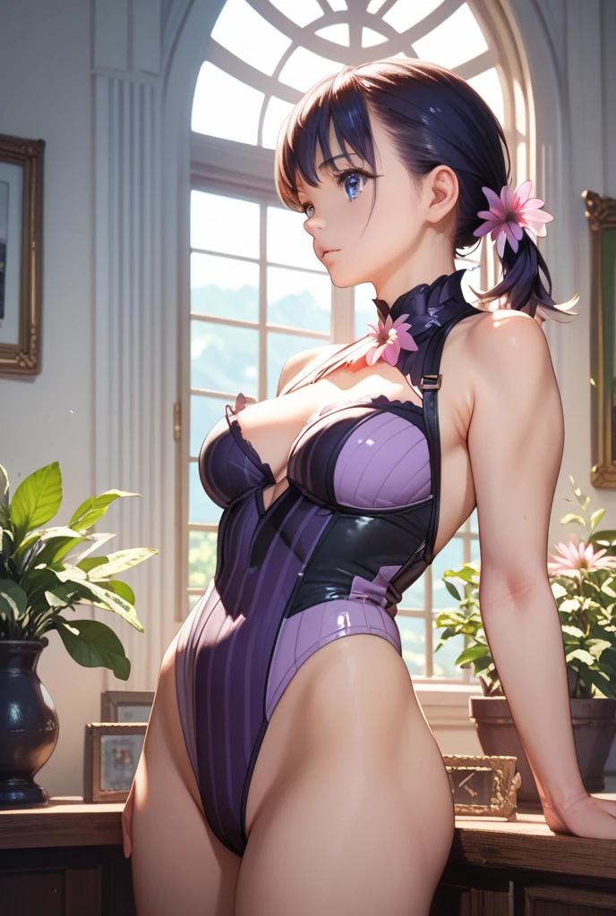 Perfect, masterpiece, (best quality, highres:1.2), 1girl, beautiful detailed eyes, beautiful detailed lips, extremely detailed eyes and face, long eyelashes, medium:oil painting, vivid colors, HDR, studio lighting, ultra-fine painting, sharp focus, physically-based rendering, extreme detail description, portraits, ((organized fingers)), curvy body, big breasts, perfect shape, facing viewer, sweaty, gorgeous, ((arms up)), sleeveless bodysuit, smiling,