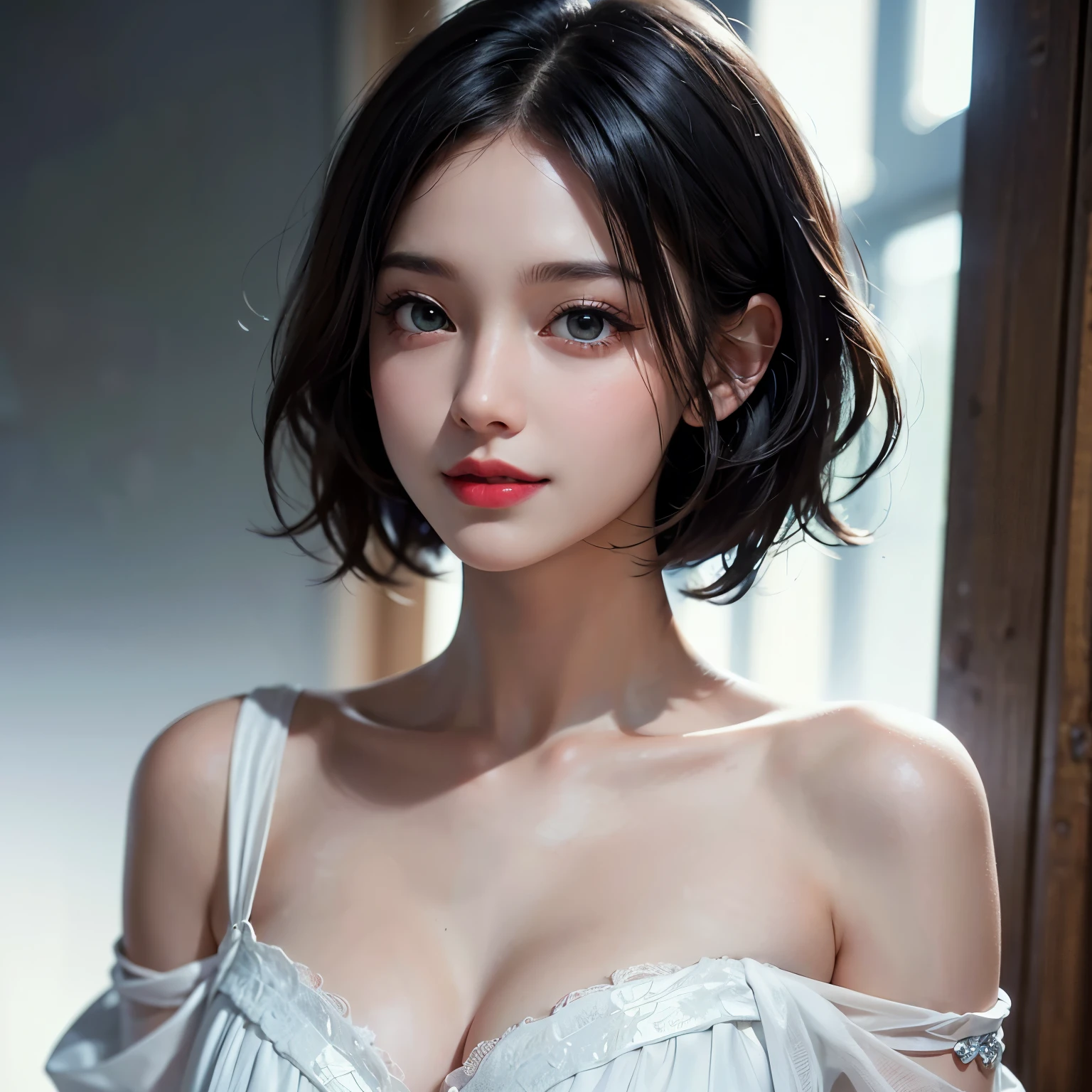 (buttons up to shirt length: 1.2), (rain-soaked white shirt), (unbuttoned shirt: 1.1), big, deep cleavage, top quality, masterpiece, illustration, very delicate and beautiful, very detailed, cg, unity, 8k wallpaper, amazing, fine detail, highly detailed CG Unity 8K wallpaper, huge file size, very detailed, high resolution, handsome detailed woman, Highly detailed eyes and face, stunning detailed eyes, face light, (best illustration: 1.1), (best shadow: 1.1), ultra high resolution, (photorealistic: 1.1), (photorealistic 1.2:1.1), high angle shot, upward looking, realistic face proportions, slim, smile, (makeup: 0.4), (fluffy black eyes: 1.21), bangs, short hairShort Bob, Light Color Eyes, Teeth, Smile, Smile, Viewer, Dark Brown Hair, Mole, Earrings, Necklace, Hairpin, Cowboy Shot, (Irregular Irregular Skin Imperfections, Veins, Wrinkles on Skin: 1.2), (Dark Night Background: 1.2), (Bokeh: 1.4), Light Background, Window Sill, Glossy