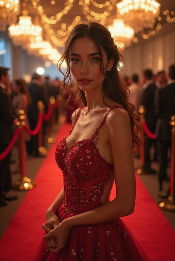 1girl 16 year old, solo, long hair, big breasts, looking at viewer, blonde hair, bare shoulders, brown eyes, jewelry, full body, necklace, off shoulder, sweater, lips, realistic, nose, flirting with camera, sexy, realistic, high detail, 4k photo, high detail, club, sexy perfect anatomy, perfect symmetry, soft lights, dancing in a club, music, party outfit, nice dress, very pretty, high details, photo quality, super real, red dress