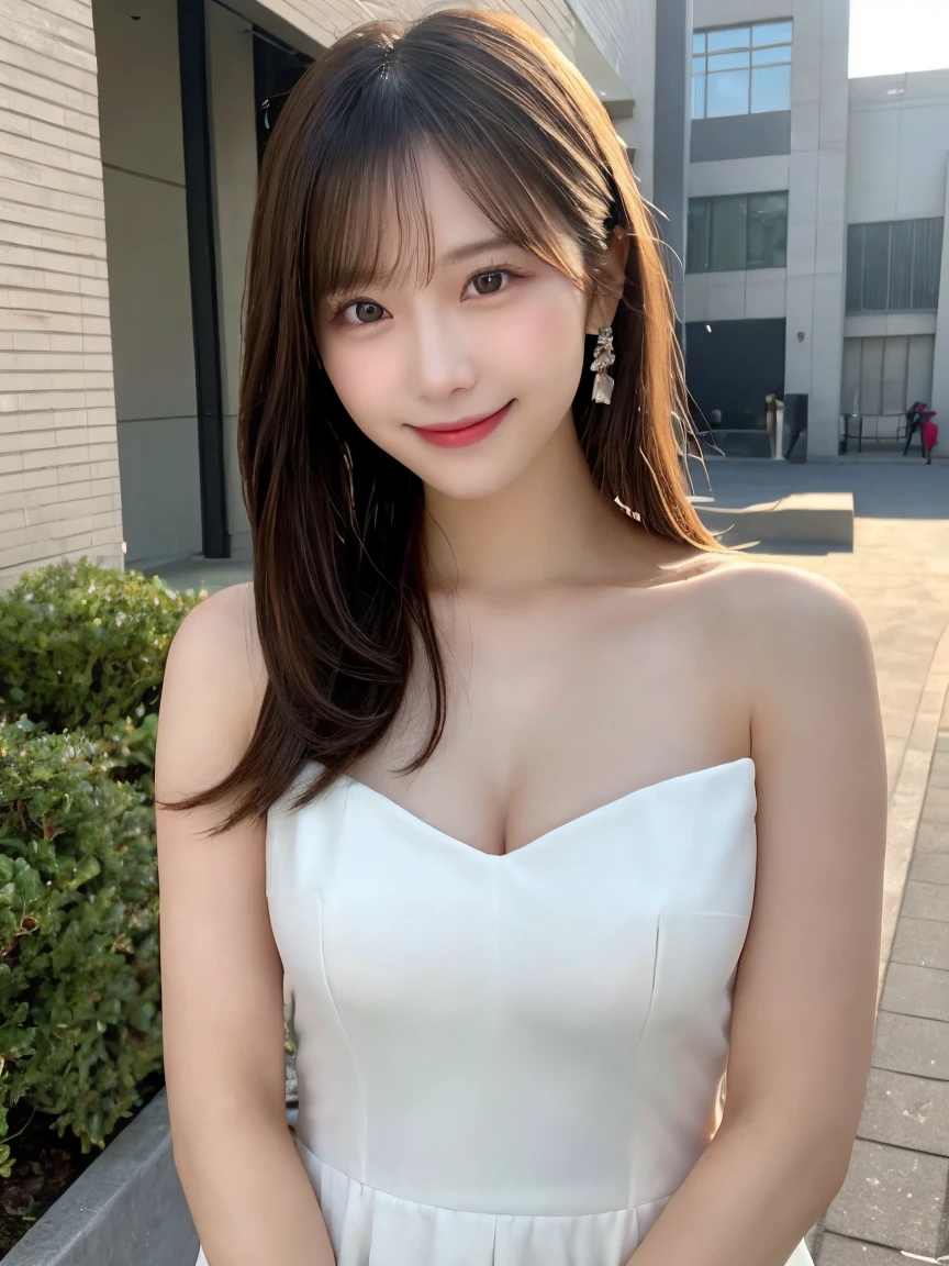 ((Best Quality, 8K, Masterpiece: 1.3)), Sharp Focus: 1.2, A Beautiful Woman with Perfect Figure: 1.4, Slim Abs: 1.2, (Layered Hairstyle,: 1.2)), (Bandeau Wedding Dress: 1.3), Rain: 1.3, Street: 1.2, Wet Body: 1.1, Highly Detailed Facial and Skin Texture, Detailed Eyes, Double Eyelids, Big Breasts, Smile,