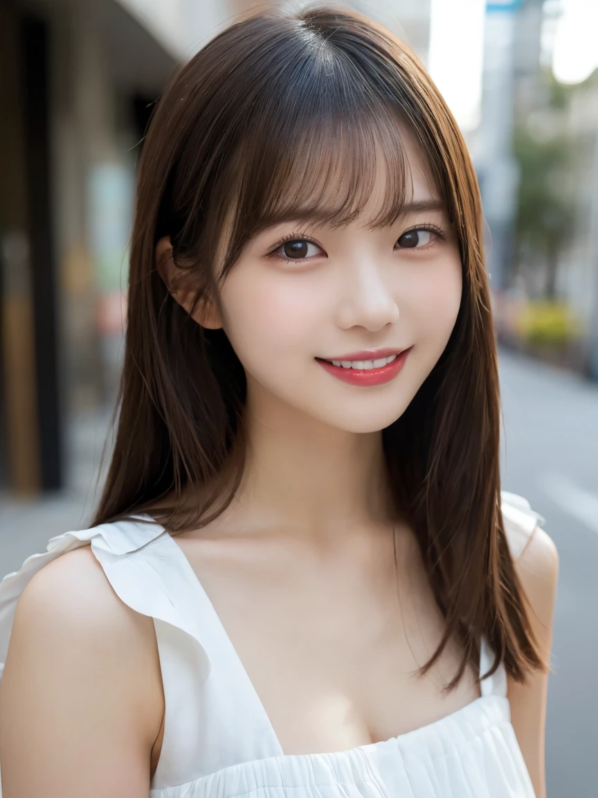Angelic Very beautiful cute girl,
Beautiful detailed eyes, 
Detailed double eyelids,
(Large eyes:1.3),long eyelashes,
see-through bangs,
(beautiful detailed face and eyes:1.4), 
small nose,
small mouth, 
Beautiful long hair,
happy smiling with visible teeth,
(Best Quality:1.2),
Raw photo, 
High resolution, 
perfect  detail, 
Professional Photography, Beautiful woman in black underwear、Beautiful legs,Body、Beautiful breasts, Lighting,Walking, In the city,Brown hair,