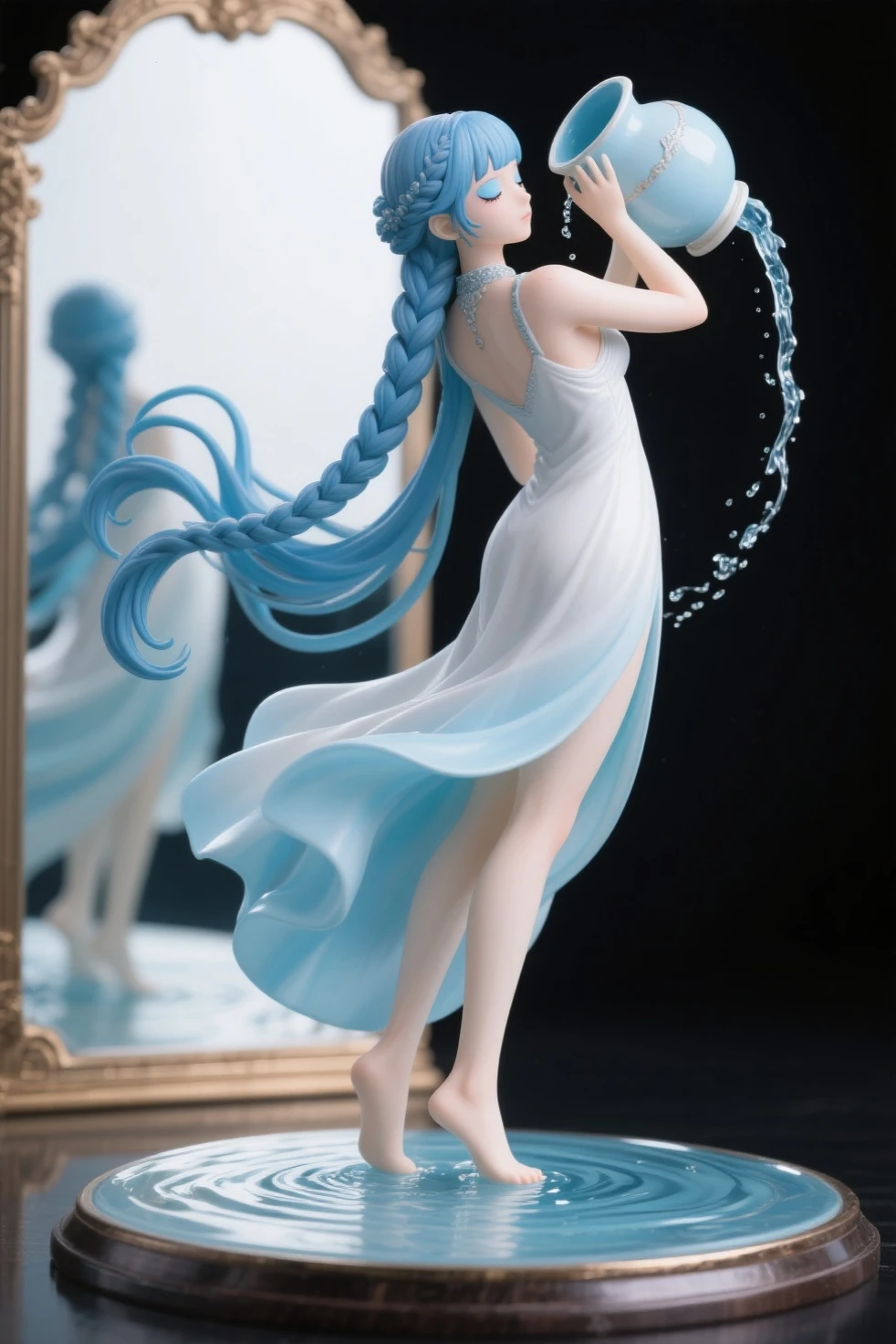 Figure Collection, masterpiece, top quality, very beautiful, Ultra high resolution, 4K, Exquisite Figure、smooth texture, 1girl,最高masterpiece、goddess（big 、 white and light blue dress,Long Braided Hair 、Long blue hair on the back side、light blue eyes、Moisturized Eyes、Detailed and Attractive Eyes、Calm Look、）、beautiful proportions、WIND HAIR, Tilt the large pot、Water flows from the jug、Ripples under your feet ,amazing quality, supple body、see here、smiling、Wet Body、Unique Style,The brilliance of plastic、The base of the mirror reflects the whole body、Figure base、