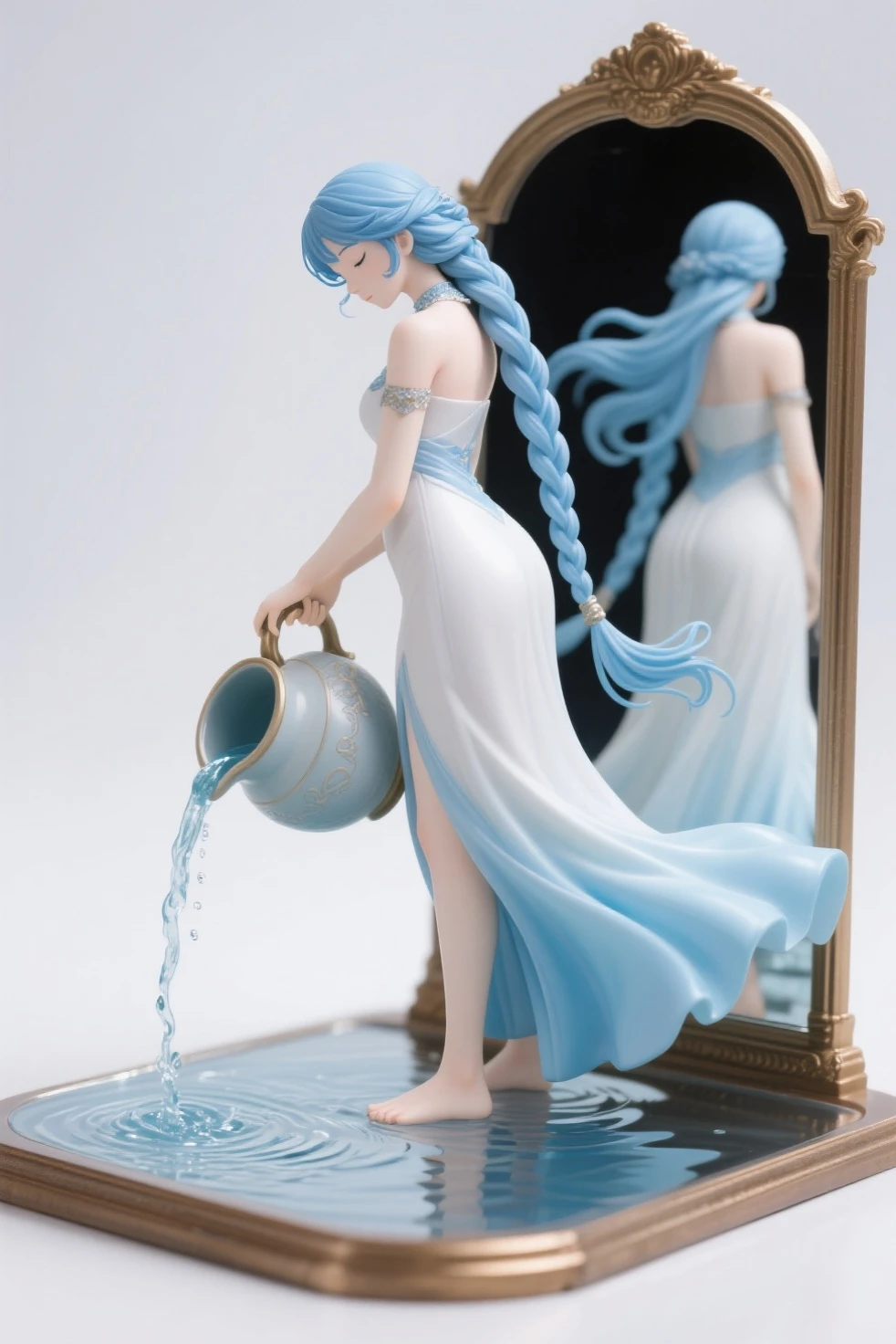 Figure Collection, masterpiece, top quality, very beautiful, Ultra high resolution, 4K, Exquisite Figure、smooth texture, 1girl,最高masterpiece、goddess（big 、 white and light blue dress,Long Braided Hair 、Long blue hair on the back side、light blue eyes、Moisturized Eyes、Detailed and Attractive Eyes、Calm Look、）、beautiful proportions、WIND HAIR, Tilt the large pot、Water flows from the jug、Ripples under your feet ,amazing quality, supple body、see here、smiling、Wet Body、Unique Style,The brilliance of plastic、The base of the mirror reflects the whole body、Figure base、