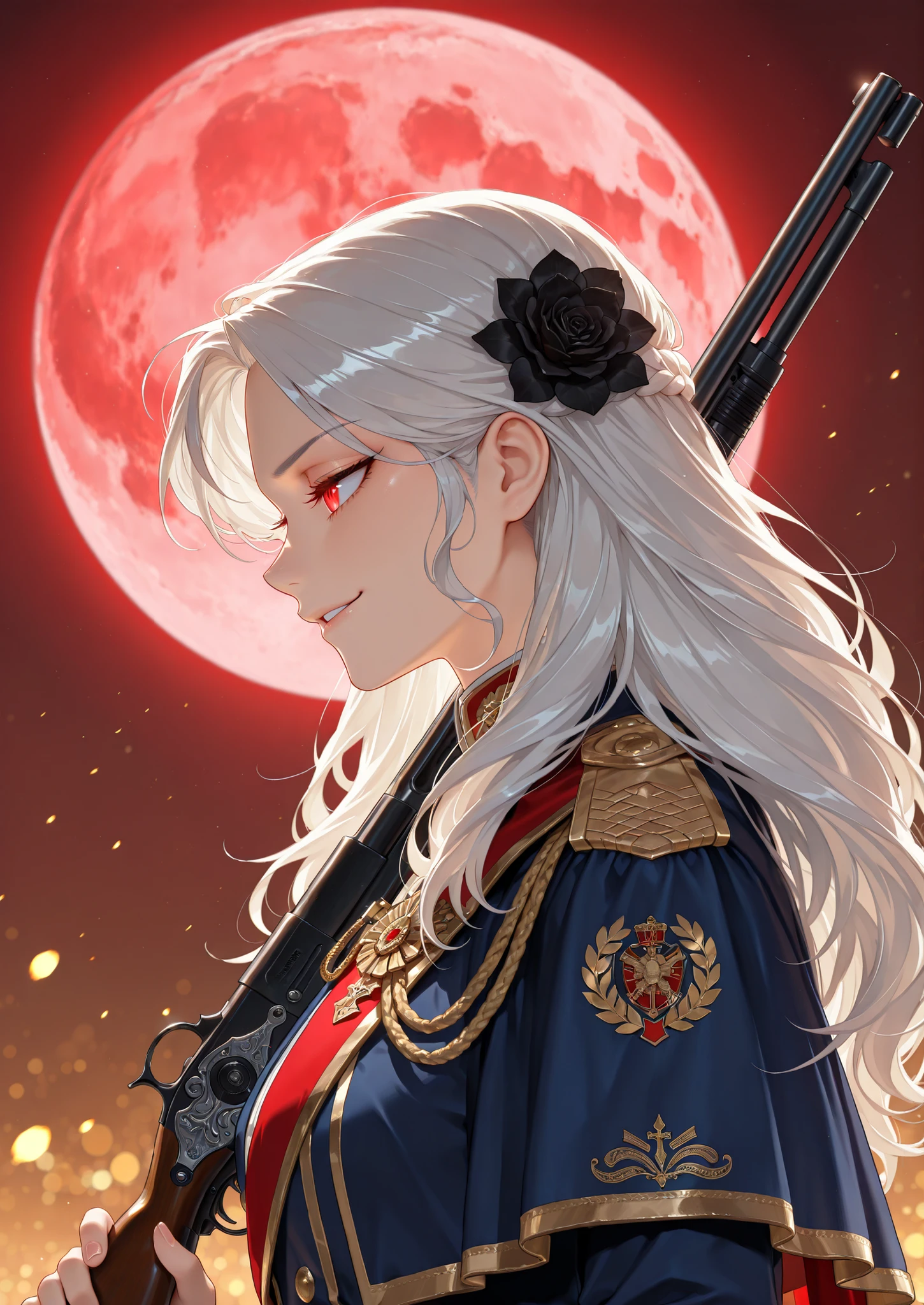 (in the style of a Solo Max Level Newbie:0.63), god rays, vivid colours, light stream, manhwa girl, detailed texture,  masterpiece, masterpiece, best quality, amazing quality, very aesthetic, high resolution, ultra-detailed, absurdres, (hands:-0.15), dramatic lighting,
(1girl, beautiful, lady, young, solo, female:1.25),(side shot, profile, portrait shot:1.2), white hair, messy hair, red eyes, glowing eyes, capelet,  Assassin's Creed, (white dress:0.42), french royalty, flower ornaments, black flowers, blood moon, red moon, royal uniform, formalwear, officer's uniform, honor guard, (smirk, relaxed, war, bloodlust, arrogance:1.24), lever action shotgun, large shotgun, spas-12, 
BREAK, depth of field, volumetric lighting
 