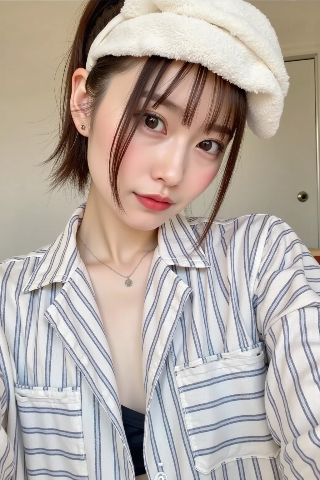 (((Ultra-high resolution、Close-up、Cute Japanese Woman)))、Long, straight black hair frames her face、So that every single hair is clearly visible、Depicts subtle color changes depending on the amount of light hitting the subject、The skin is white and smooth、Has a natural glow、Fine skin texture、Representing the fine details of pores、amountや頬に薄い赤みがある部分を詳細に、The eyes are almond-shaped and dark brown.、Fine details of the iris、Depicts color gradations and patterns、Long, natural-looking eyelashes, each and every one visible、Well-groomed eyebrows、indivual々The hair is clearly visible、Light reflects off into the eyes、Create small highlights、noseは繊細で、nose孔の細かいディテールがある、Lips are plump and naturally pink、Depicts the fine lines and soft curves of the lips、Shiny、Accentuate the shape、Detailed depiction of lip texture、Particular attention to the depiction of light and shadow、Soft natural light gently illuminates the face from the front、amount、nose、Creates a subtle glow on the cheeks、Shadows are cast softly along the contours of the face、cheekbone、Jaw Curve、noseの側面を強調、The gloss of her lips reflects the light faintly.、Emphasizes plump texture、The shadow of the hair adds depth and dimension.、indivual々The hair shines in the light、The background is simple and blurred.、Focus on the face、In the highest quality、Representing the utmost detail