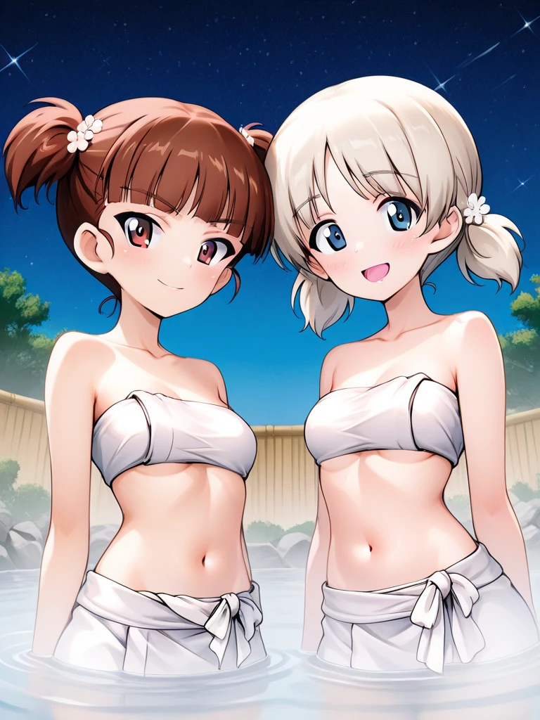 Masterpiece,ultra detailed,best quality,2Girls, short, (dwarf), flat chest, boyish, very short hair, NSFW, nude, hot spring, outdoors, smiling, double teeth,