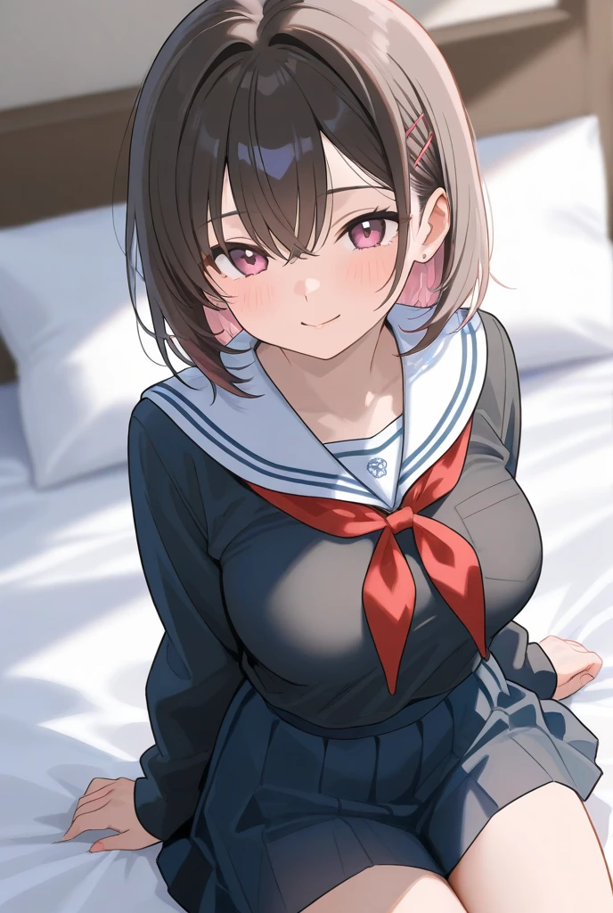 {{{masterpiece}}}, {{{best quality}}}, {{ultra-detailed}}, {illustration}, {{an extremely delicate and beautiful}}, (beautiful detailed eyes:1.6), extremely detailed face, 8k, anime face, Katou Megumi (SAEKANO), cute face, brown hair, short hair, (brown eyes:1.7),bbmegumi, short hair, medium breasts, thin waist, big hips, curvaceous, {{school clothes}}, sailor collar, (blue shirt:1.2), long sleeves, red ribbon tie, pleated skirt, blue skirt, short skirt, thighs, black socks, BREAK, spread legs,sexy pose, cute face, embarrassed, naughty expression, flushed cheeks, on the bed, On your back, peer in from below, looking at viewer, whole body, indoor, white pants
