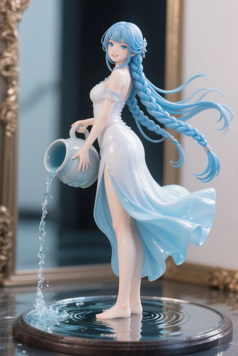 Figure Collection, masterpiece, top quality, very beautiful, Ultra high resolution, 4K, Exquisite Figure、smooth texture, 1girl,最高masterpiece、goddess（big 、 white and light blue dress,Long Braided Hair 、Long blue hair on the back side、light blue eyes、Moisturized Eyes、Detailed and Attractive Eyes、Calm Look、）、beautiful proportions、WIND HAIR, Tilt the large pot、Water flows from the jug、Ripples under your feet ,amazing quality, supple body、see here、smiling、Wet Body、Unique Style,The brilliance of plastic、The base of the mirror reflects the whole body、Figure base、