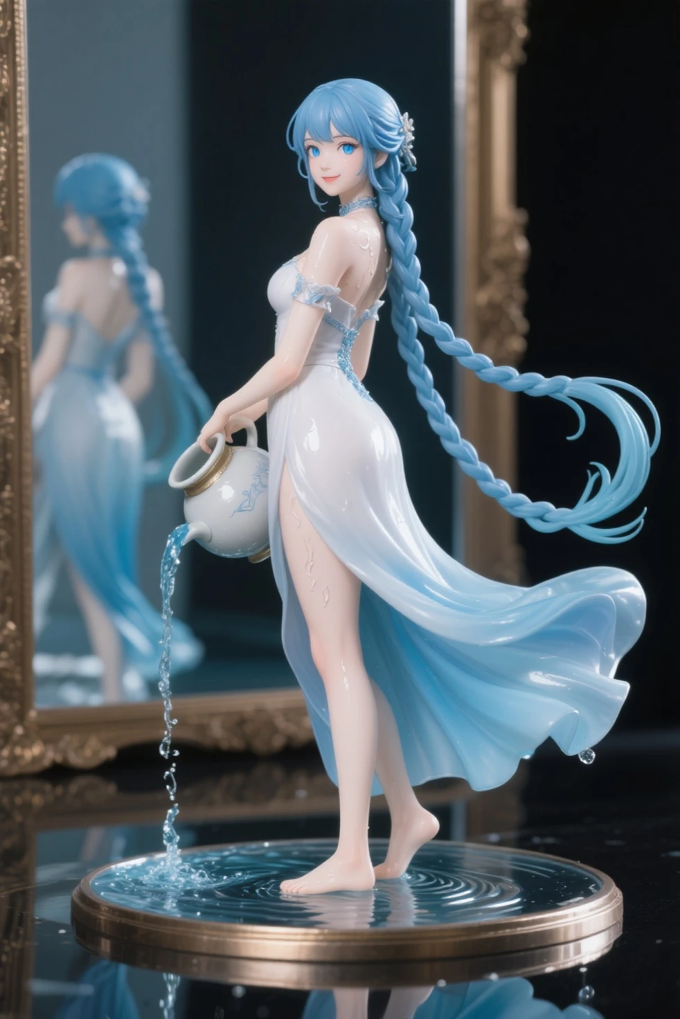 Figure Collection, masterpiece, top quality, very beautiful, Ultra high resolution, 4K, Exquisite Figure、smooth texture, 1girl,最高masterpiece、goddess（big 、 white and light blue dress,Long Braided Hair 、Long blue hair on the back side、light blue eyes、Moisturized Eyes、Detailed and Attractive Eyes、Calm Look、）、beautiful proportions、WIND HAIR, Tilt the large pot、Water flows from the jug、Ripples under your feet ,amazing quality, supple body、see here、smiling、Wet Body、Unique Style,The brilliance of plastic、The base of the mirror reflects the whole body、Figure base、