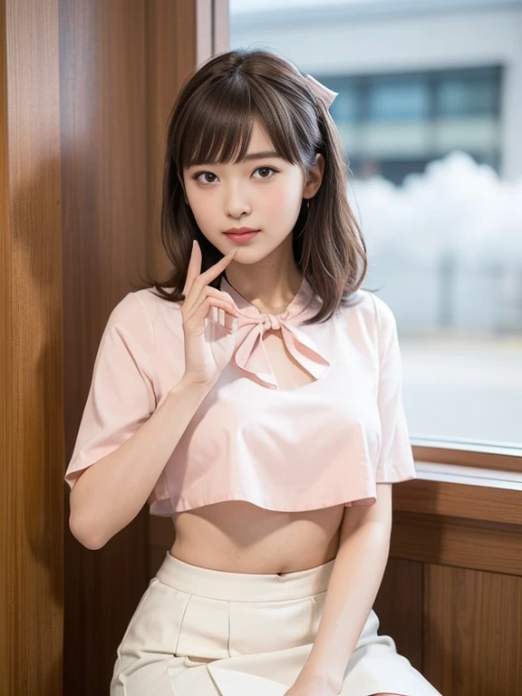 (8k, Photorealistic, Raw photo, Highest quality: 1.4),Japanese idol-style beautiful girl,1 person,17 years old,Hairstyle(Short Bob,Black),She has her hair tucked behind her ears,Large, clear grey eyes,Long eyelashes,Plump Cheeks,Thin and delicate shoulders,(bra(Pale pink)),thin abdomen,Short sleeve open shirt(Unbutton the front and open it all the way..4,Hemming out),Pleated skirt,School classroom,Full body portrait