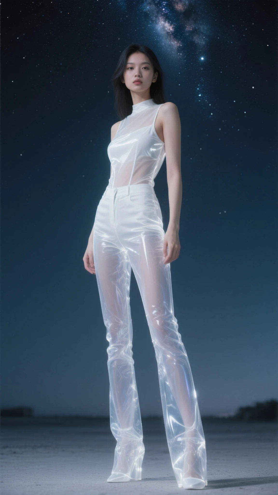 masterpiece, Beautiful urban female model, Full body white transparent clothing standing under the stars at night in the sky, Disappearing Transparent Pants, Full body standing, Tall figures, Thin legs, Facial details, Body parts details, 8k wallpaper