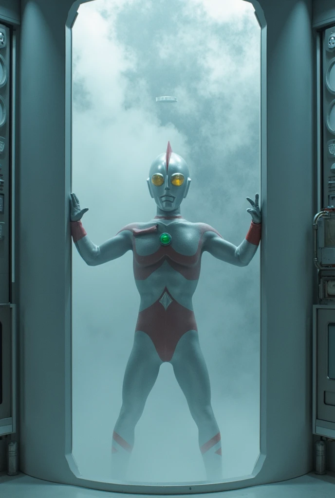 1 man, solo, 4k, 8k, ultraman taro pin up, photo realistic, bara, nude, naked body, slim body, human skin color, hairy body, head only ultraman taro with naked human body, small penis, shower room