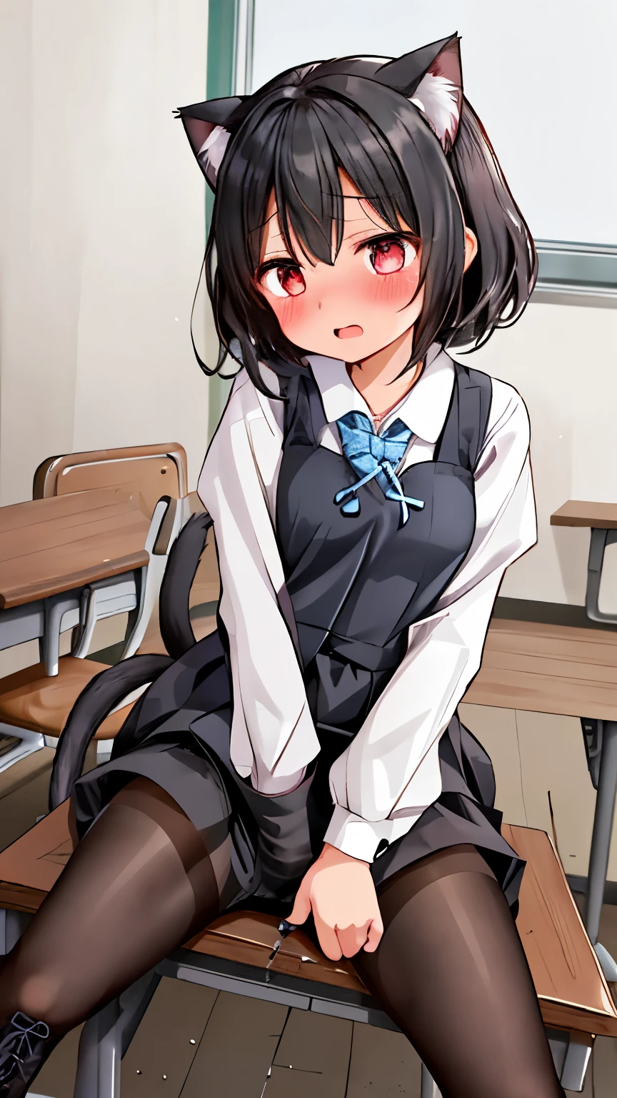 18-year-old Shota，cute，Wear a white long-sleeved shirt and a black work tie，Wear black pants，Wear black booties，Wear white gloves，wear cat ear，Black hair，Black eyes，blush，sweat，Fear，Looks very bottom，uncomfortable，porn