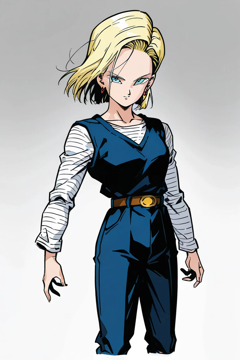 best quality, highres, and18, 1girl, android 18, solo, short hair, earrings, jewelry, denim vest, open vest, black pantyhose, black shirt, denim skirt, striped long sleeves, skirt, medium breasts, cowboy shot, shirt off-the-shoulder, bent over, greyscale, monochrome, in boichi manga style