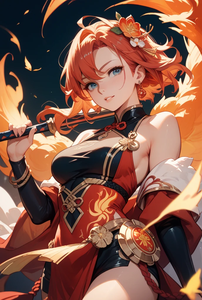 masterpiece, highest quality, so beautiful、Latest、a Girl, orange hair, short hair, golden eyes, Oni, orga,fangs, defiant smile, asian fantasy costume、Bollywood、Bold Pose