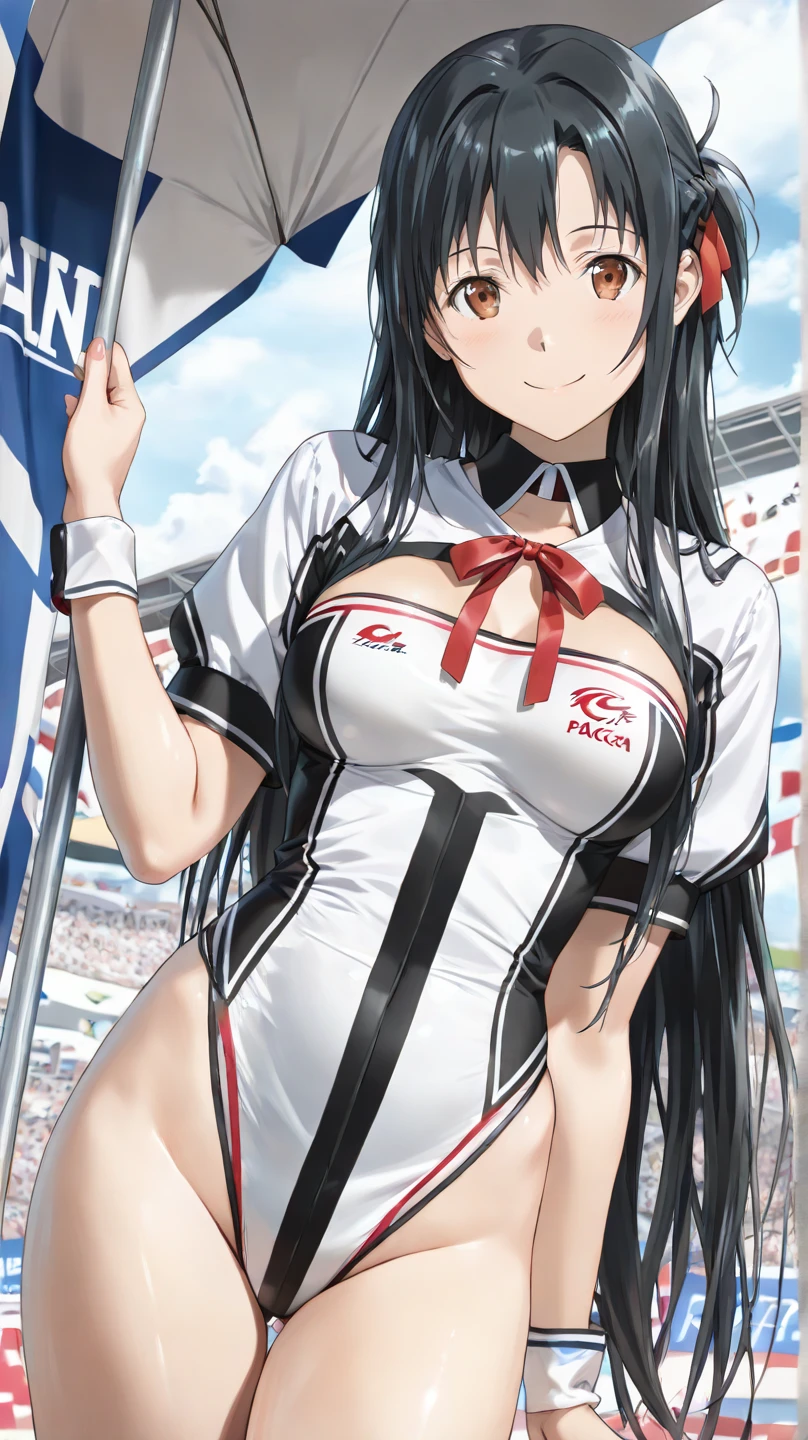 A beautiful woman with long black hair, big breasts, and beautiful legs is standing in a changing room in a red competitive swimsuit.。