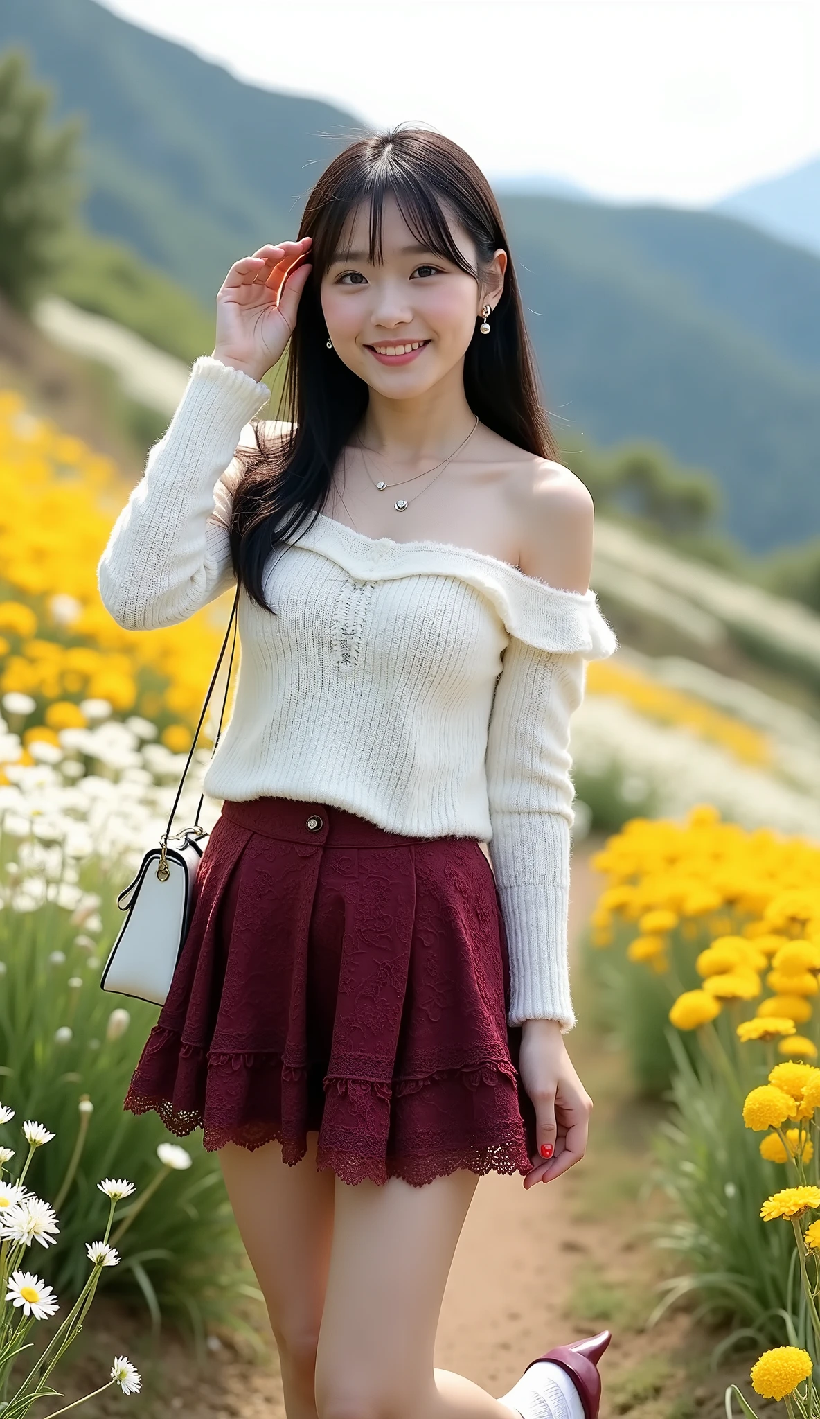 ((full body shot:1.5))、(petite young Japanese woman touring mountain tourist spots)、Plateau flower field、(They seem to be having fun.:1.35)、white/yellow/red flowers々shooting studio surrounded by、((dating))、noon、Smiling、((white off-shoulder knitted sweater with lace frills))、(burgundy lace ruffled flared mini skirt)、beautiful thick thighs、white frilly socks、wine-red pumps、Small white shoulder bag、simple necklace、Simple Ring、simple earrings、white skin、BEAUTIFUL BLACK HAIR、straight long hair、light makeup、(dynamic pose:1.4)、(Beautiful huge breasts)、Accurate depiction of hands and feet、RAW pictures、16K、Reality、professional photography techniques、Ultra High Definition、16K、Real Photo