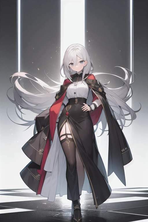 Modern woman, long white hair, amber eyes, geometric red mark in the middle of the forehead, piercings, wears a black high-neck blouse and jacket with long earrings.