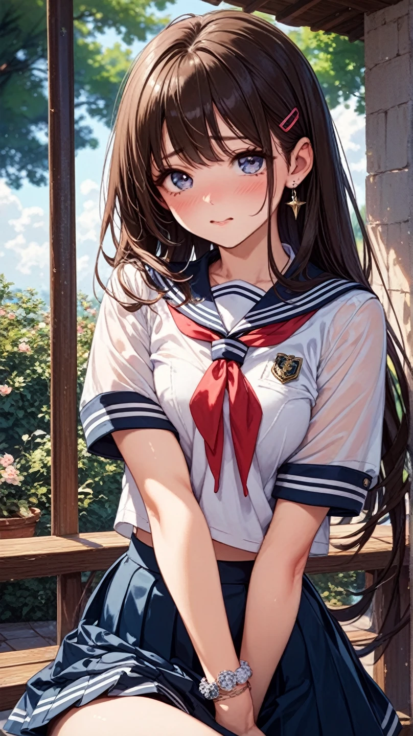 18year old、a smile、brown haired、beautidful eyes、real looking skin、hi-school girl、Bright illustration、small tits、(8K、masterpiece)、(reallistic、Photorealsitic)、top-quality、ighly detailed、The ultra-detailliert、Beautie、cute little、japanes、Idol