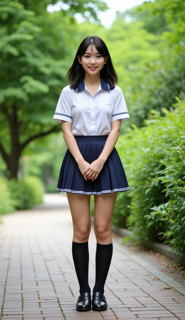 Standing in an empty schoolyard、High school girls、Summer clotheini skirt、Twin tails、Cute Face、Smiling、Full body portrait