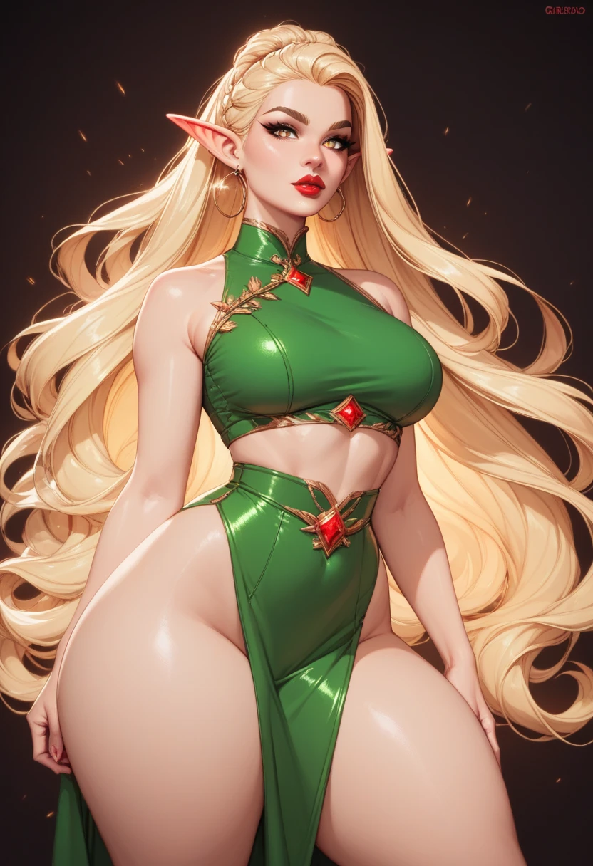 (best quality,4k,8k,highres,masterpiece:1.2),ultra-detailed,(realistic,photorealistic,photo-realistic:1.37),beautiful young woman, big bouncing breasts,long wavy red hair, elf ears, snowflake earrings, green and red Christmas crop top and mini skirt, thigh-high boots, elbow length gloves, Santa's helper,portrait, vivid colors,festive lighting