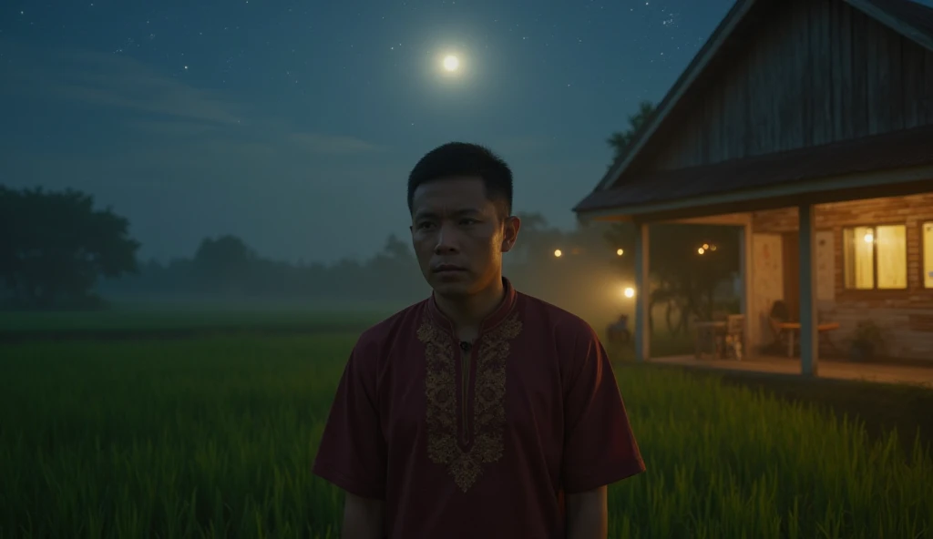 (8k RAW photo,best quality, masterpiece:1.2), (realistic, photo-realistic:1.37), a lone boy standing in a rice paddy, ears of rice waving in the wind, illuminated by the setting moon, an idyllic and sentimental scene,