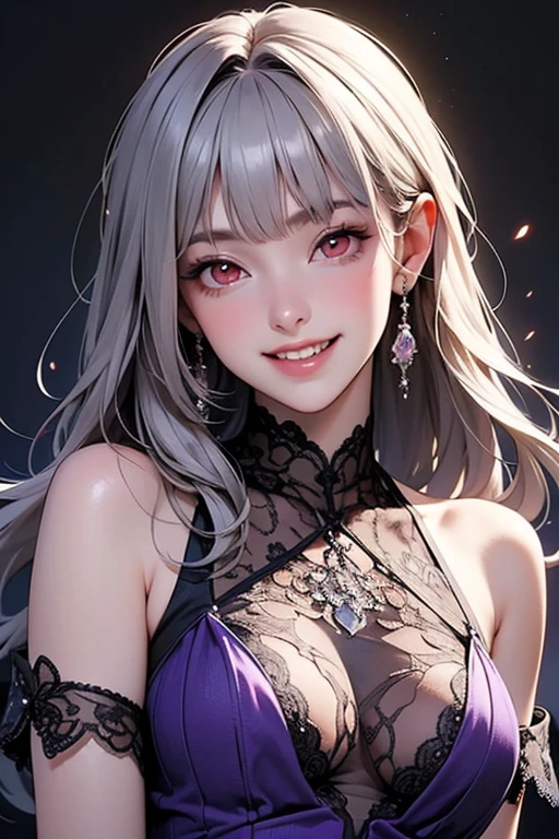 Silver hair, pink eyes, older woman, dark pink and gold clothes, hair ornament, cat ears, necklace, long hair, smiling face, upper body
