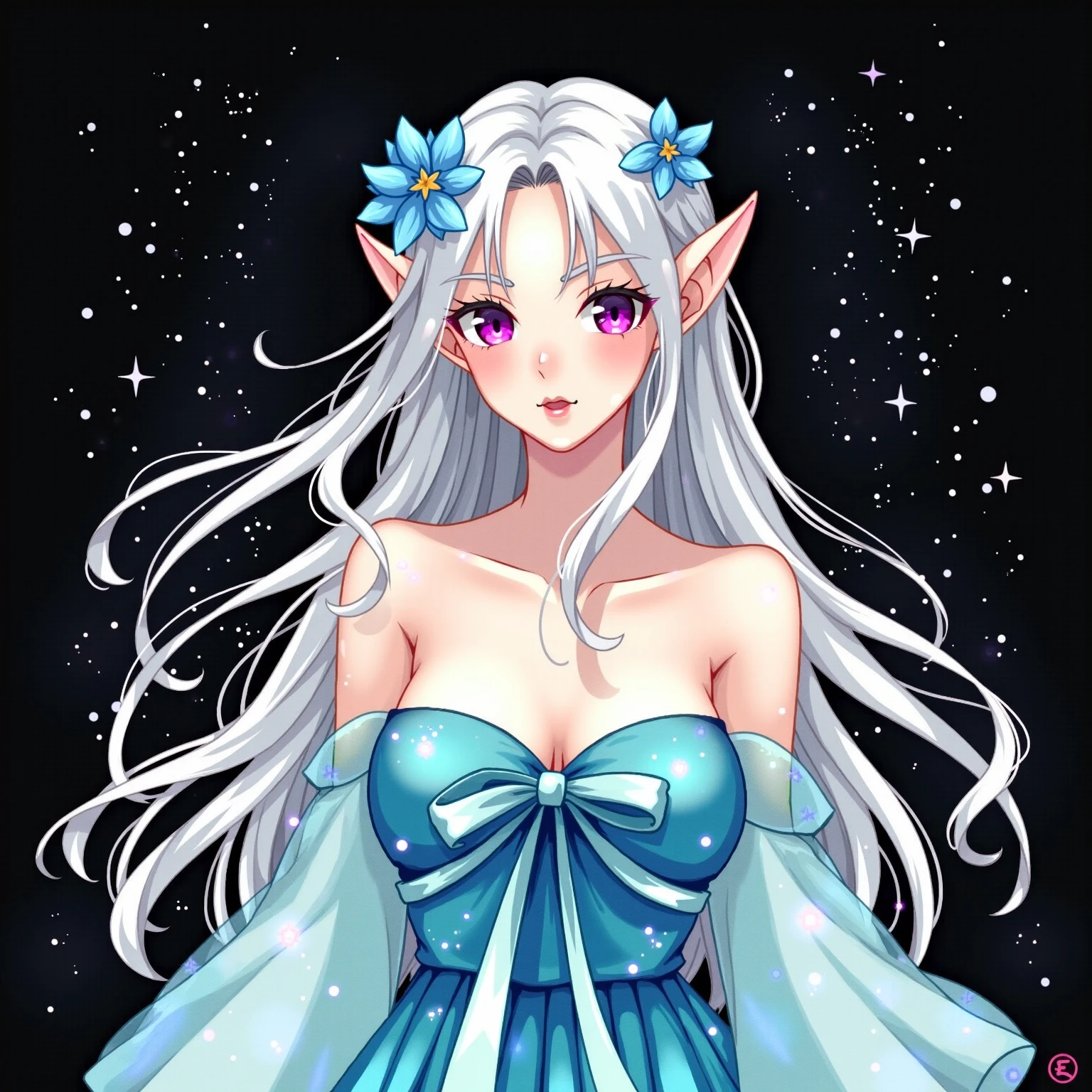 A ice elf (lovely woman, pale blue skin, deep blue hair and eyes, sheer reflective evening dress) acting alluring in a winter wonder land