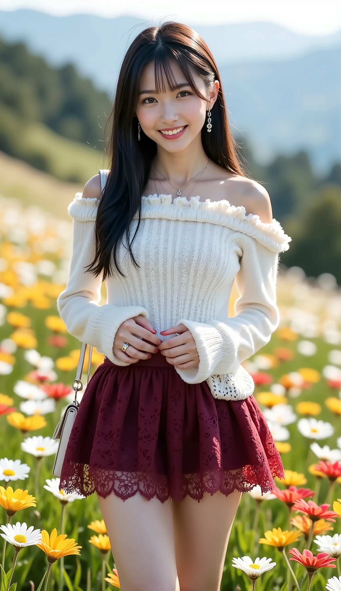 ((full body shot:1.5))、(petite young Japanese woman touring mountain tourist spots)、Plateau flower field、(They seem to be having fun.:1.35)、white/yellow/red flowers々shooting studio surrounded by、((dating))、noon、Smiling、((white off-shoulder knitted sweater with lace frills))、(burgundy lace ruffled flared mini skirt)、beautiful thick thighs、white frilly socks、wine-red pumps、Small white shoulder bag、simple necklace、Simple Ring、simple earrings、white skin、BEAUTIFUL BLACK HAIR、straight long hair、light makeup、(dynamic pose:1.4)、(Beautiful huge breasts)、Accurate depiction of hands and feet、RAW pictures、16K、Reality、professional photography techniques、Ultra High Definition、16K、Real Photo