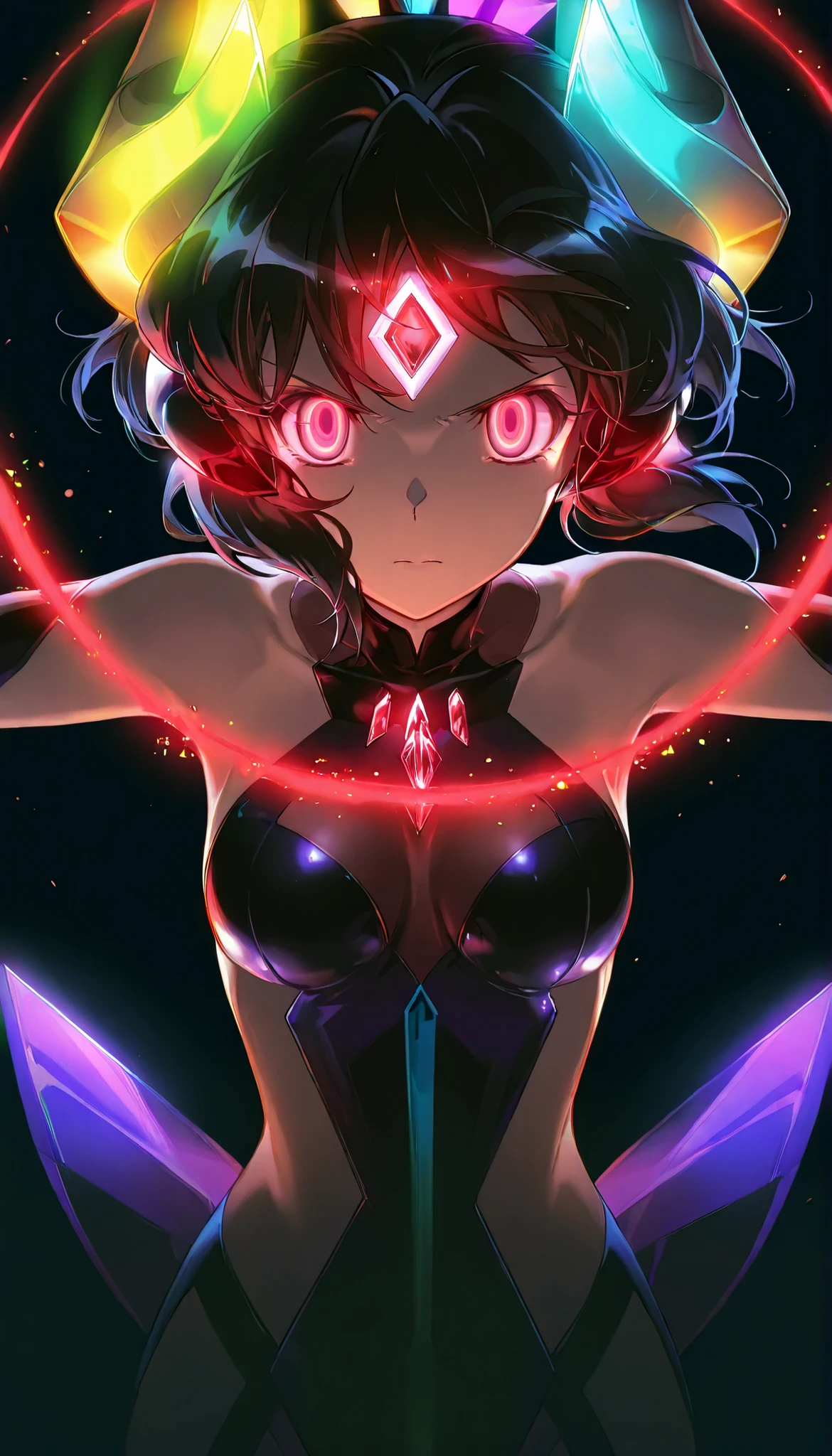 (1girls solo),symphogear, Shem-Ha, black hair, , short hair glowing eyes red eyes, Black background,colorful, lively, Shining Contours ,neon,colorful、Official Art、,viewer, masterpiece, Very Aesthetic、battle pose、Light powder、neon Hair、Swinging Hair、chest swaying up and down,