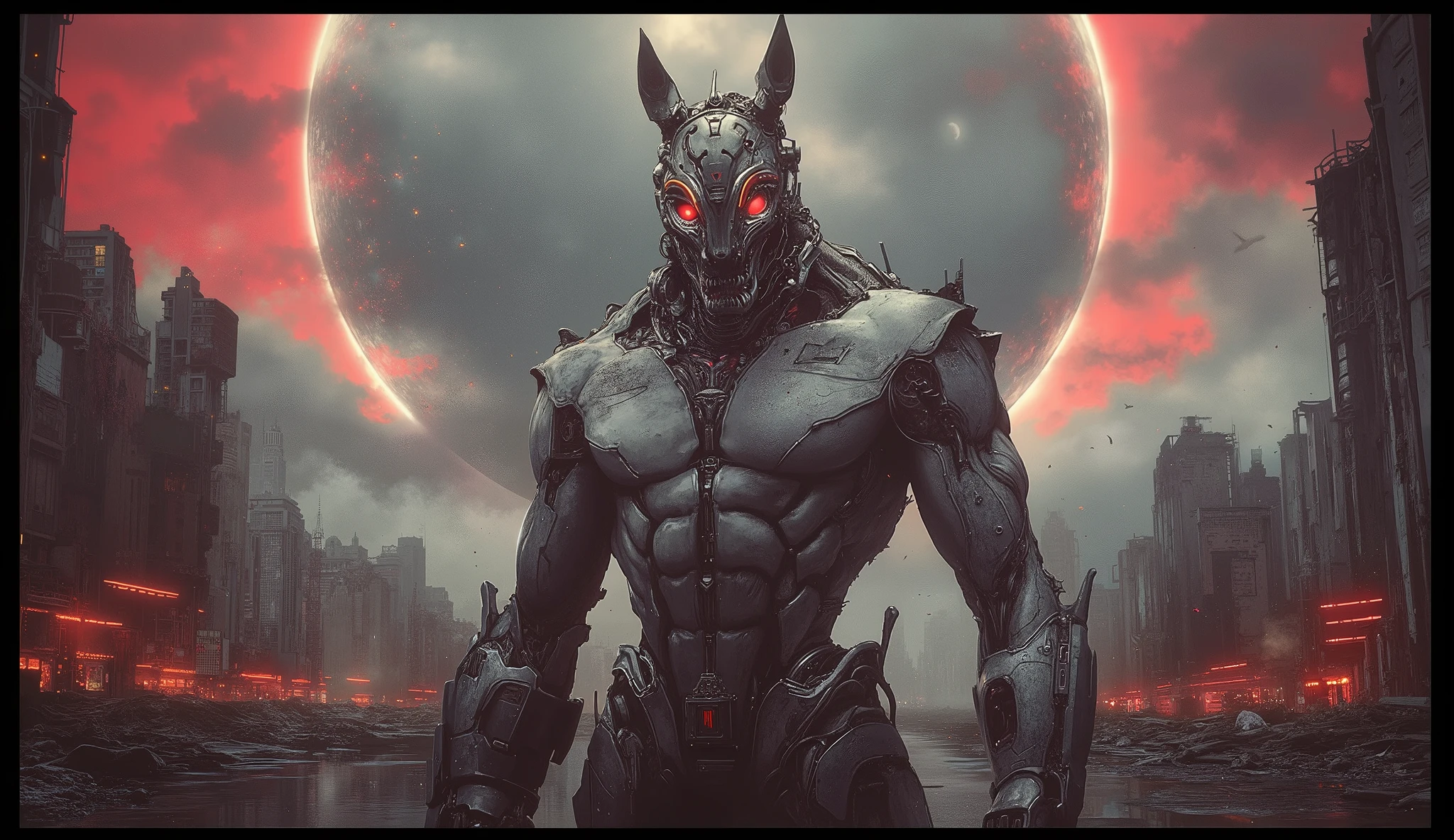 Full length detailed view. full sexy body, sexy muscle hybrid strong man and half cyborg animal, with big muscles looking into the camera, sexy muscle hyprid, hd realistic sharp details of the skin, beautyful eyes, cyborg hair, looking strong, a sexy mechanical outfit, in the background is a sun eclipse, Opalescence technical digital design. perfect eyes, top quality neo-Harajuku style embodying the mood of a post-apocalyptic world of an destroyed city by daylight, intricate robotic details, space age attire highlighted by sharp contrasting shadows, startlingly vibrant red neon colors, atmospheric dust particles, decaying beach background , digital UHD rendering, a breathtaking mix of fashion and dystopia. In white red and light black &white tones, hyper-realistic portrait in white, black and red.(rede: 0.4), (natural skin texture,(facial details: 1.05) Hyperrealism, soft light, Sharpness (dark frame: 1.1), epic realism, full of quiet elegance. high contrast, cinematic lighting, and a whisper of metallic shine on the fabric. editorial, timeless chic. white, black and yellow details, photo from far away, full body girl picture, sexy, robotic parts, big moon, big sun, detailed