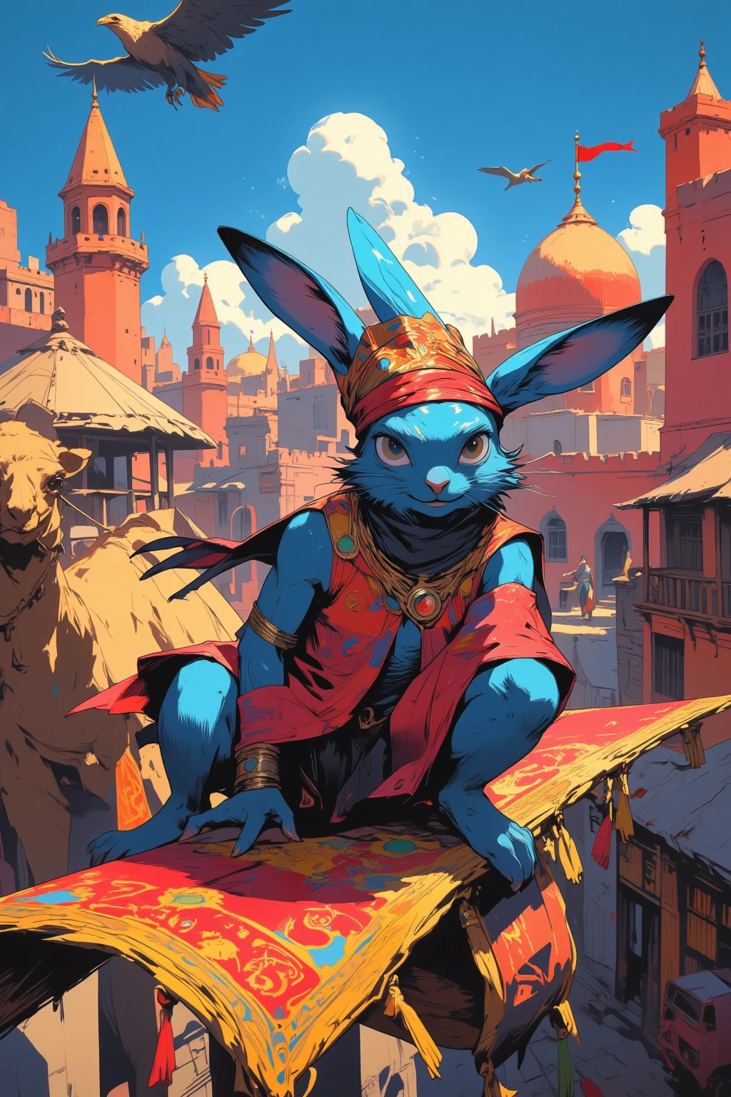  A Bipedal Blue Rabbit Rides on a Big Magical Carpet ,  Rabbit flying at high altitude,Turban Wrap Rabbit  , Bejeweled Vest  ,  Aladdin's Town Agraver  , Ultra Detailed Paintings Inspired by Anime Characters ,animation cel,animation celの詳細,Colored line art,  Medieval Arabian Civilization  ,Dome Roofs  ,Minaret ,  Merchant's Tent  , Dan DeCarlo and Don Bruce Mixed Art,vivid cartoon art,Arabian Nights, full color illustration ,  Circling Eagle  ,Camel,  Ultra Detailed and Fantastic Art  ,