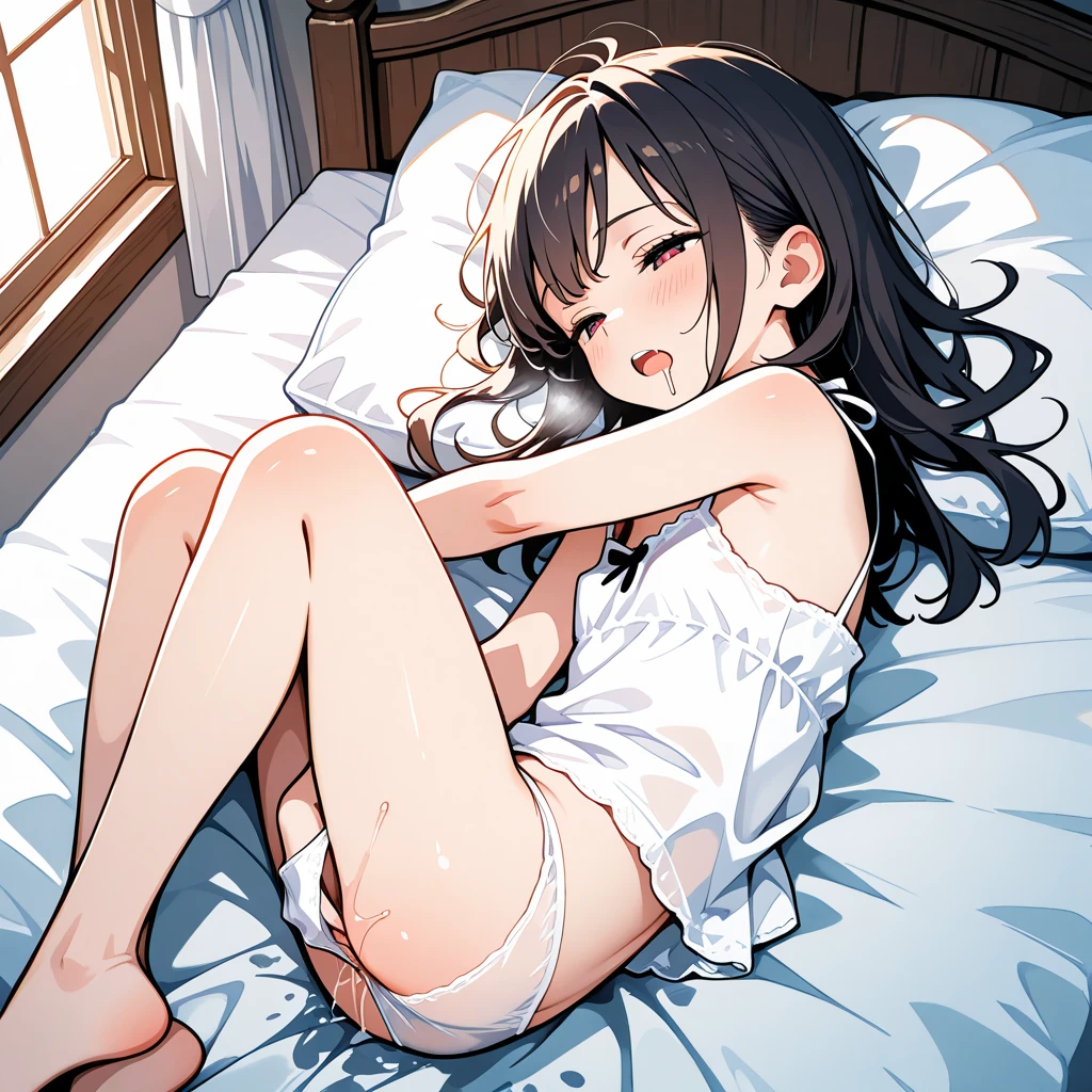 master piece、Highest image quality、highest quality、wallpaper、32K、,Little Face Girl、((Frustrated expression:1.3))、(tears)、(((not wearing clothes)))、Lying on your back in bed、forced to spread legs、ample breasts、slender body shape、small nipples of cherry color,、Angle seen from the girl's feet