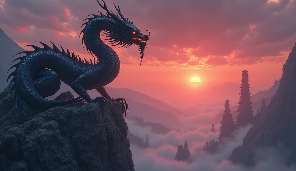 A dragon measuring 140 meters tall, is 500 years old, its color is black and it has golden scales, the background is a sunset sky.