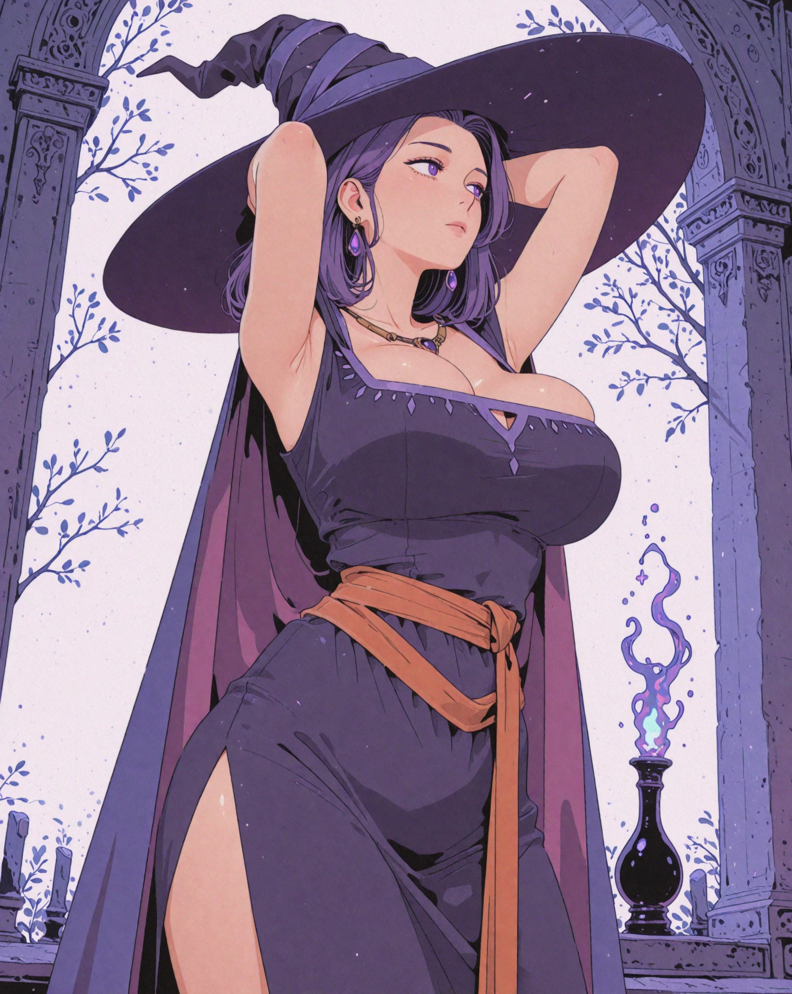 sequence, witch with small breasts, drinks potion, grows huge breasts