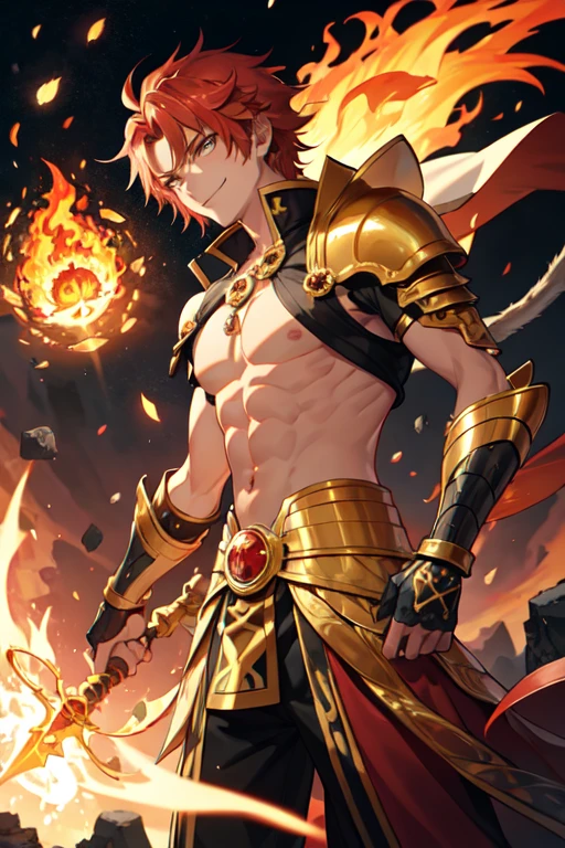 Meisterwerk, Top quality, 16K UHD, Stehen, 1 male fire genasi with orange skin, Feuer Zauberer, kein Oberteil, Free upper body, Sixpack-Muskeln, muscular physique, elegante schwarze Hose, feuriges brennendes Flammenhaar, Feuermagier, a swirling fireball hovers above his left hand, Magische-Kulisse, selbstbewusste Pose, devilish smile. Hochdetaillierte Gesichts- und Hautstruktur, detaillierte Augen, eckige Augenbrauen, Bernsteinfarbene Augen mit Funken, fine facial features, chiseled jawline, Shiny orange skin with smoky undertones
