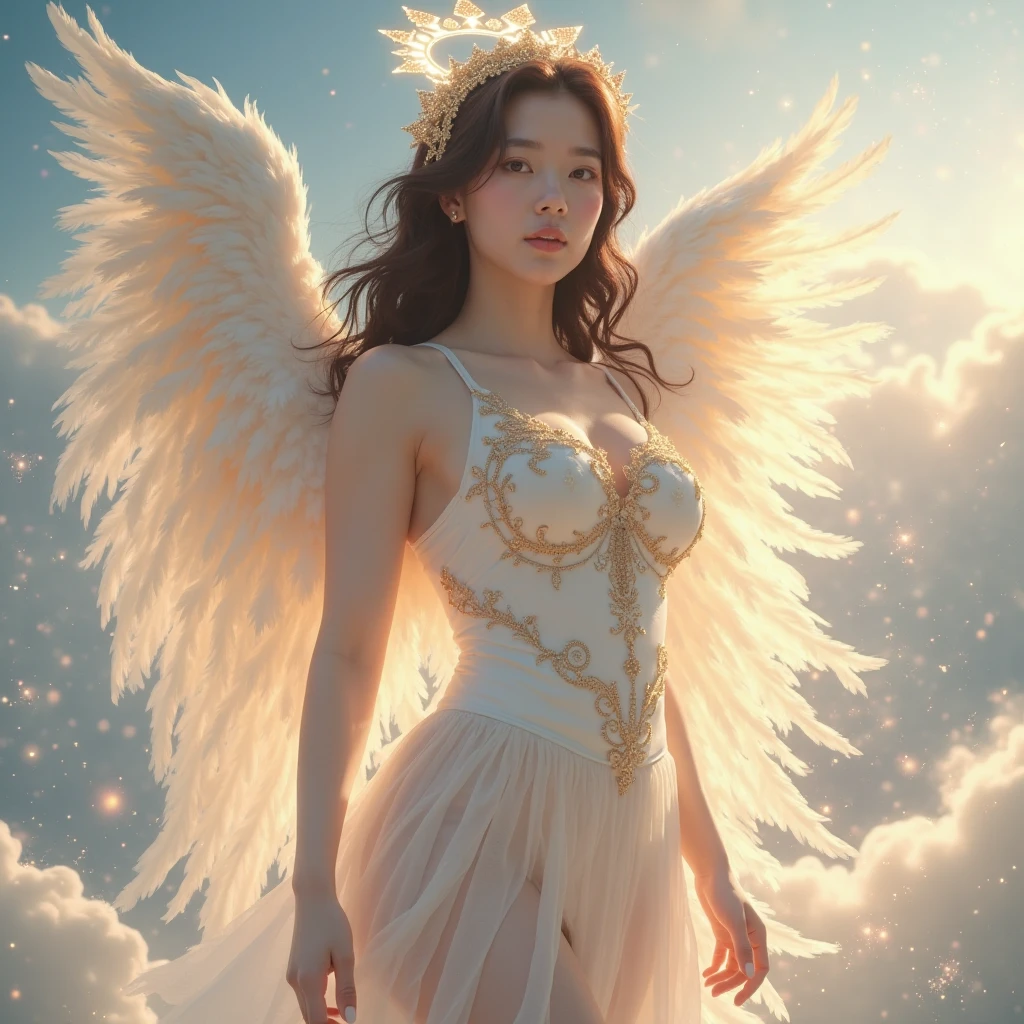 Generate a picture in Stable Diffusion：A 20-year-old beauty floats in the starry sky，Surrounded by holy light，Gorgeous and mysterious。She spreads her wings，A soft glow shimmers against a fairytale-like background。