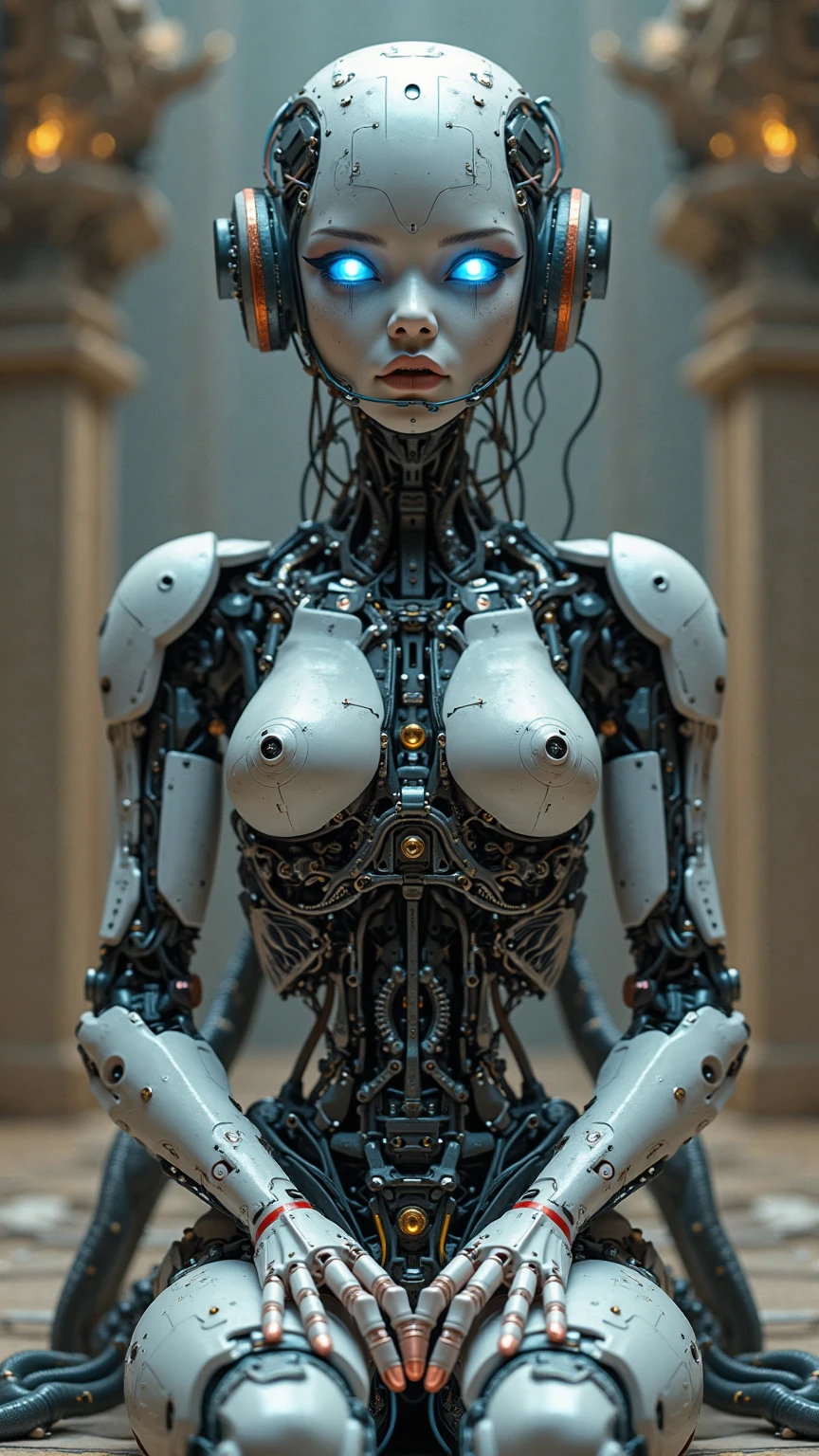 analog style, expert photo of intricately detailed female robot from the renaissance period, naked, listening to music on professional headphones, soft cinematic lighting, (mecha face), rendered eyes, extremely detailed face and eyes, all mechanical parts, award winning artist <lora:epiNoiseoffset_v1:1>, ((perky and hard nipples)), legs