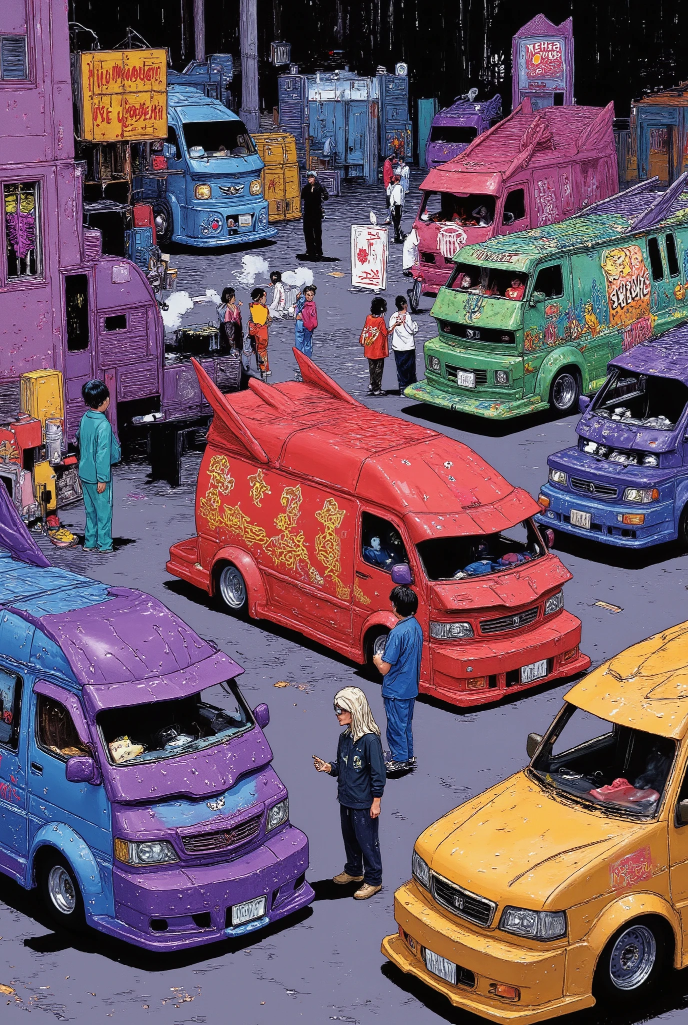 comic book style illustration of a colorful night-time vanning car meeting, featuring a variety of exaggerated Japanese custom vans parked together in a city lot under neon lights
each van has unique features: one bright red with tribal decals and a huge front bumper, another metallic blue with glowing underglow, a purple one with rooftop fins and oversized chrome fenders, and a gold van with graffiti-style graphics and side-mounted speakers
the scene is filled with comic-style onomatopoeia like “RUMBLE!”, “SHINE!”, and “WHOOSH!”, with bold halftone shadows, dramatic lighting, and vibrant color contrasts
characters in wild streetwear and sunglasses stand around the vehicles, talking and pointing, while smoke and light beams fill the air; background includes stylized city buildings and glowing signs
main color palette: red, blue, purple, gold, and green vans, neon underglow, chrome highlights, with vivid comic-style textures and inking
vanning-style