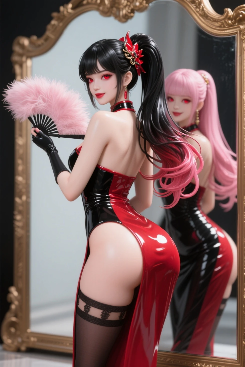 Large breasts, Blue hair, upper legs, white thighhighs, Pink clothes, Long legs, No bra, High heel, Pink eyes, Heart eyes, heart shaped breasts, Bare_hindquarters, bangs, areola of breast, Elbow gloves, Chinese dress, Fat ass, hair tying, wears_navel, Looking_at_peeping at the viewer, Arms_Behind_Head, Blush, Sleeveless_dress, Long hair, cosplay,Fantastic，The back of the hand is behind the back，Hands up behind your head，Broad lighting，Glossy Clothes,Chinese-style architecture，China-style，gazebo，Lace，Quaint，Tight cheongsam，Flowing cheongsam，Chinese style cheongsam，on cheongsam，Gold ornaments，(Elbow gloves:1.0),Silk gloves， Chinese dress, Fat ass, hair tying, wears_navel, Looking_at_peeping at the viewer, Arms_Behind_Head, Blush, Latex cheongsam, Long hair, cosplay,Fantastic，The back of the hand is behind the back，Hands up behind your head，Broad lighting，Glossy Clothes,Chinese-style architecture，(Tight cheongsam:1.0)，Chinese style cheongsam，on cheongsam，Gold ornaments，Over the sleeves,(on cheongsam:1.0),(Put your hands behind your head:1.0),Facing the viewer,autumnal,Beds,high-heels,(stocklings:1.3),Lace wreath on the legs,bangle,eardrop,choker necklace,jewelery,Ribbons,lace-trim,Heavy makeup,long whitr hair,High ponytail,hair straight,Princess cut,Be red in the face,Seductive smiles，Qi bangs，latex，(Black gloves:1.0)，White stockings，perfect bodies，Green hair，fox ear，Qi bangs，Curvaceous，multicolored hair，between breasts,Arms up,(Open legs:1.0),curvy hip,spread_Legs,Kneeling，bunnysuit，Pink cheongsam，tightsuit，Corset， --auto