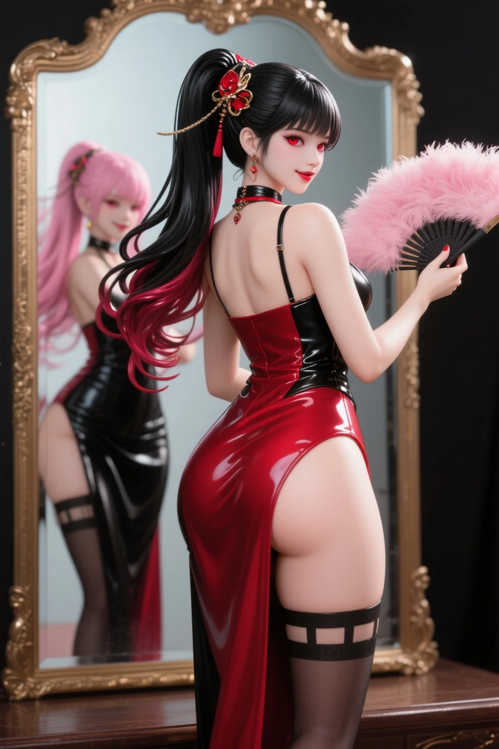 (masterpiece) (award winning pornstar model) fullbody (percect anatomy)) photo taken from the back, massive pink makeup, waify half long hair darkred colored, ultra high detailed, the hottest sluttiest seductive korean girl, presenting herr extrem giant massive ass in front of the camera and looks at the camera really seductive. she only wears high detailed and complicated red lingerie, (ultra high detailed)., at the beach