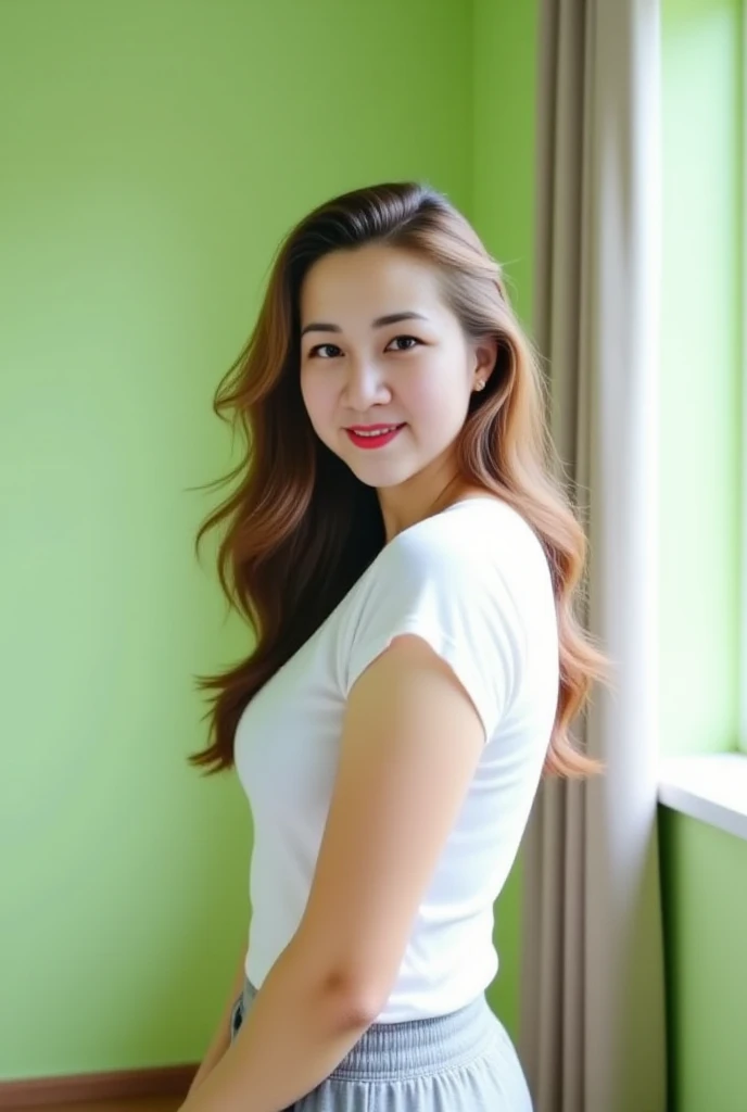 Close up,1 girl{{A beautiful woman wearing a white short-sleeved shirt and a short black pencil skirt}} , standing, sexy pose. with several lecture tables set up behind it There is a sliding glass window. There was evening light streaming into the room.